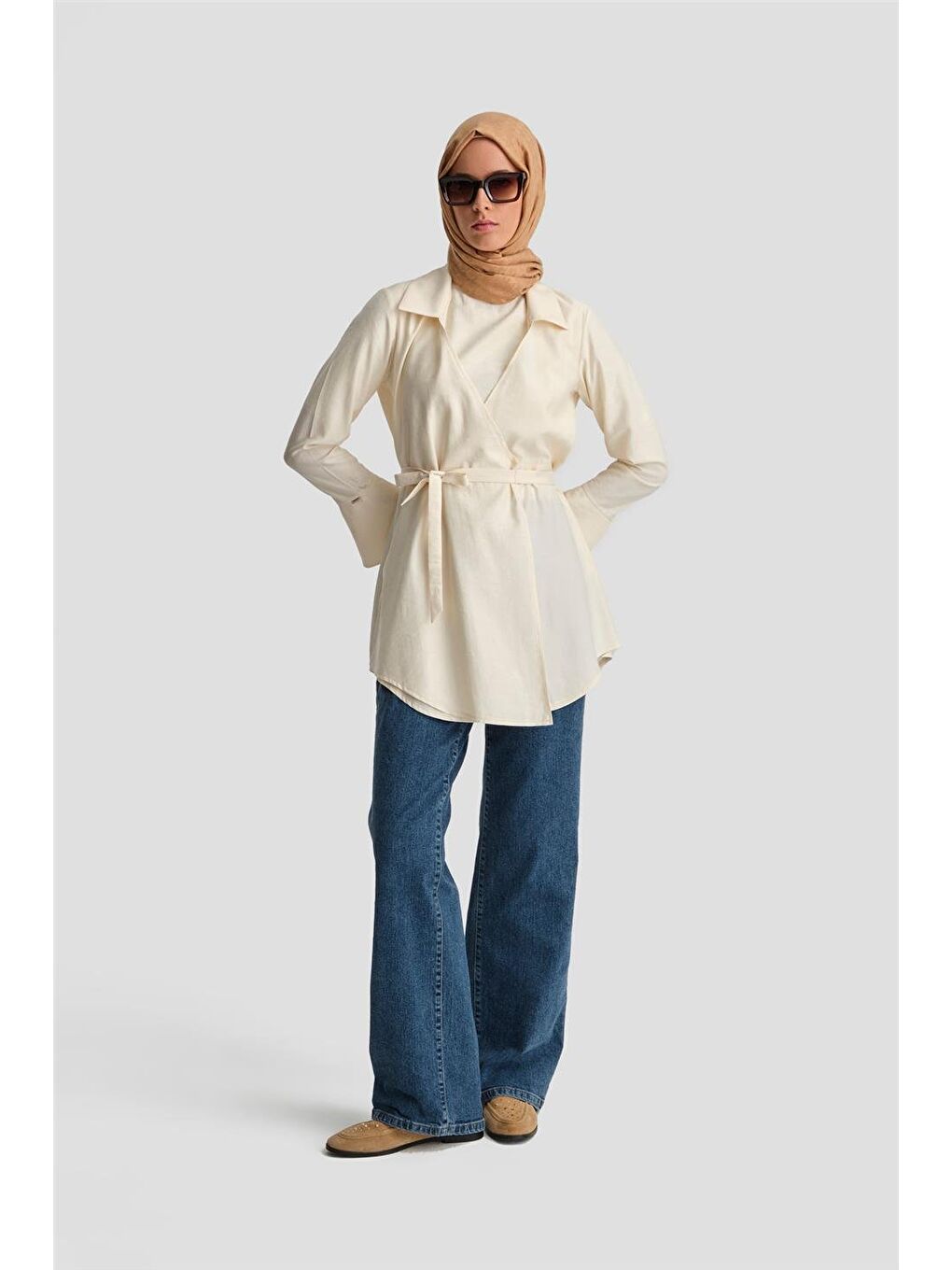 Bej Kruvaze Görünümlü Modal Tunik 24K4313 Aytaşı