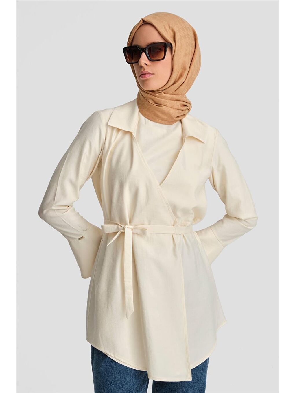 Bej Kruvaze Görünümlü Modal Tunik 24K4313 Aytaşı-1