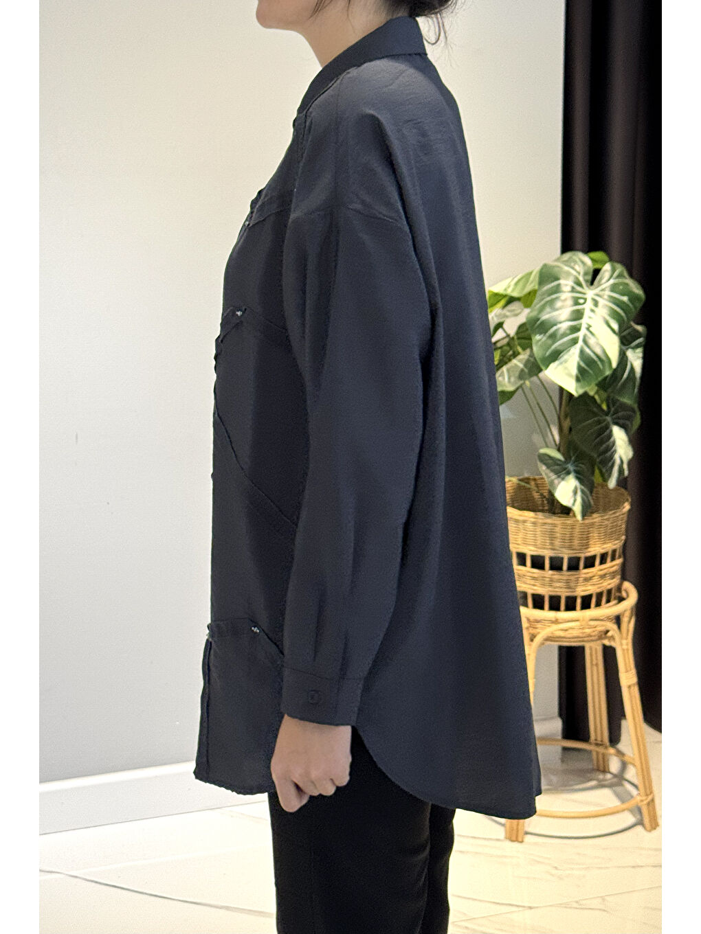 Düğme Detaylı Uzun Kol Dekoratif Dikişli Gömlek 6146 Antrasit-1