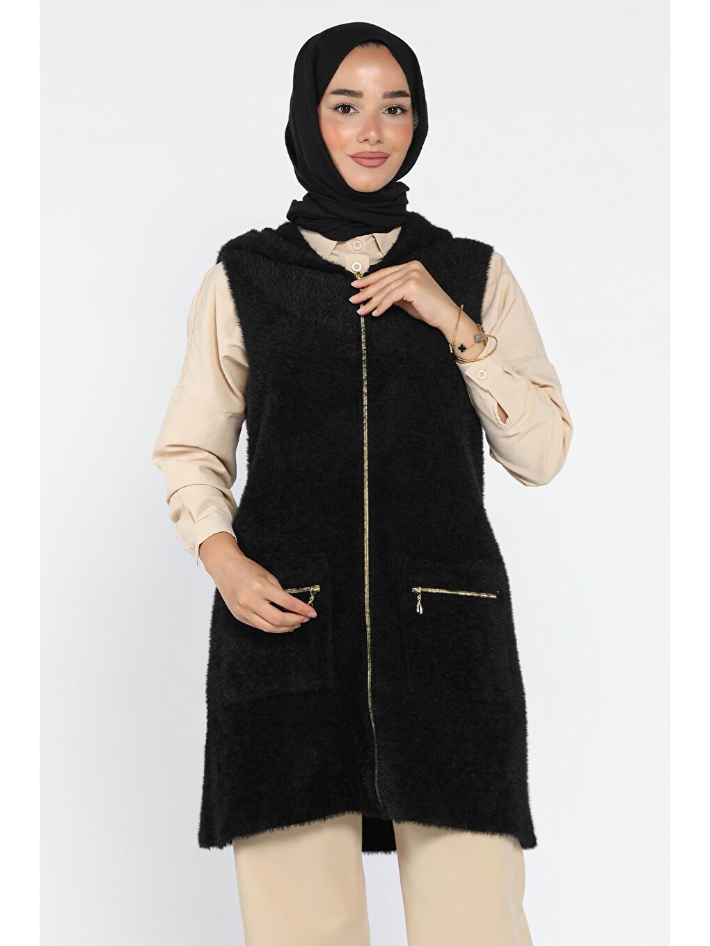 Siyah Kolsuz Fermuarlı Yumoş Tesettür Triko Yelek (s,m,l,xl Uyumludur)-2