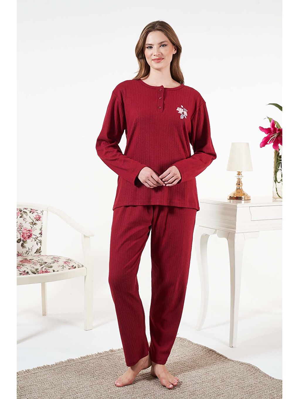 Kadın İnterlok Şardonlu Fitilli Pijama Takımı 25330 Bordo