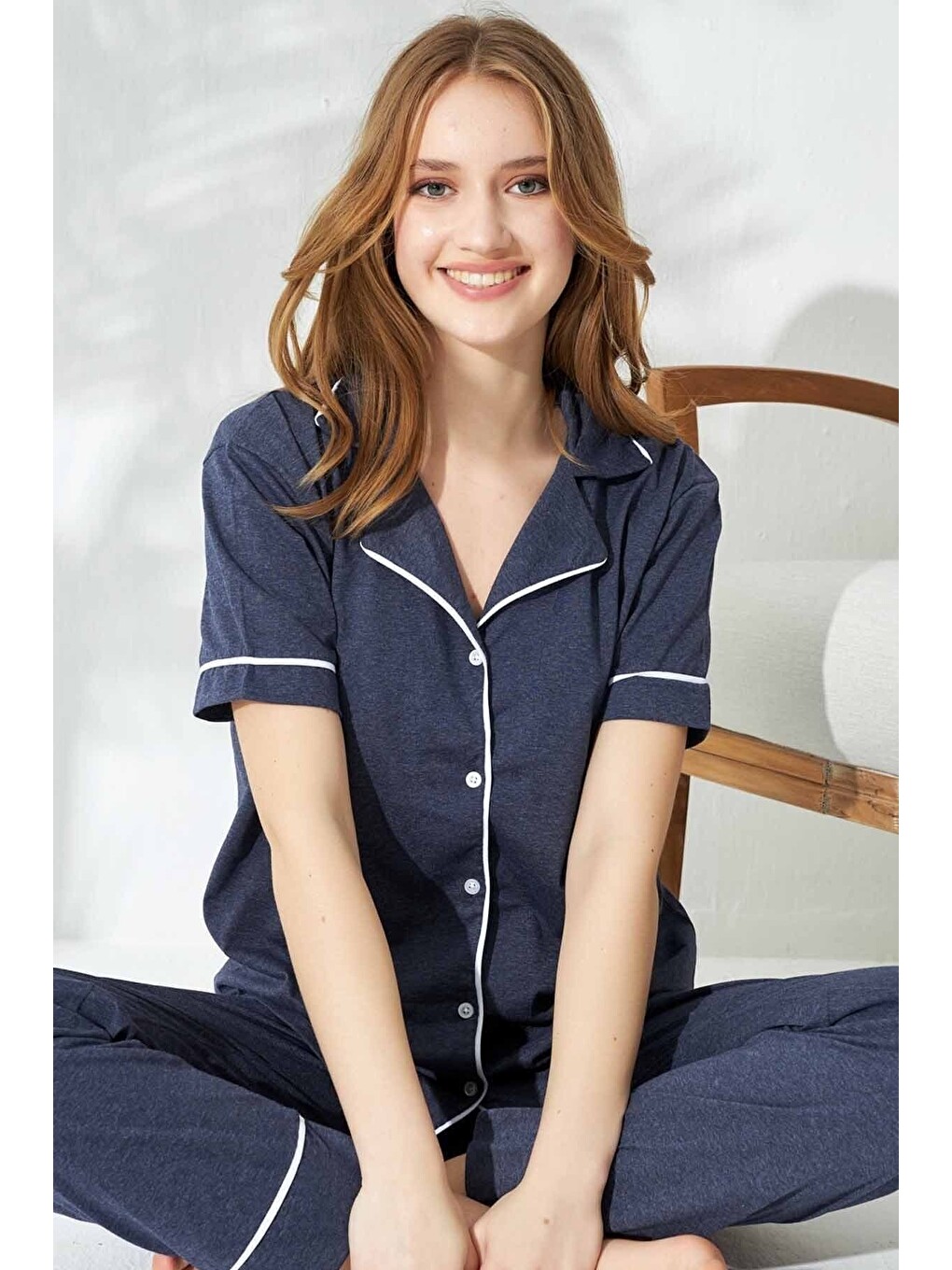İndigo Kadın Kısa Kollu Pamuklu Düğmeli Biyeli Pijama Takım-1