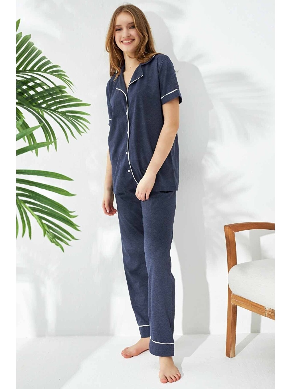İndigo Kadın Kısa Kollu Pamuklu Düğmeli Biyeli Pijama Takım-2
