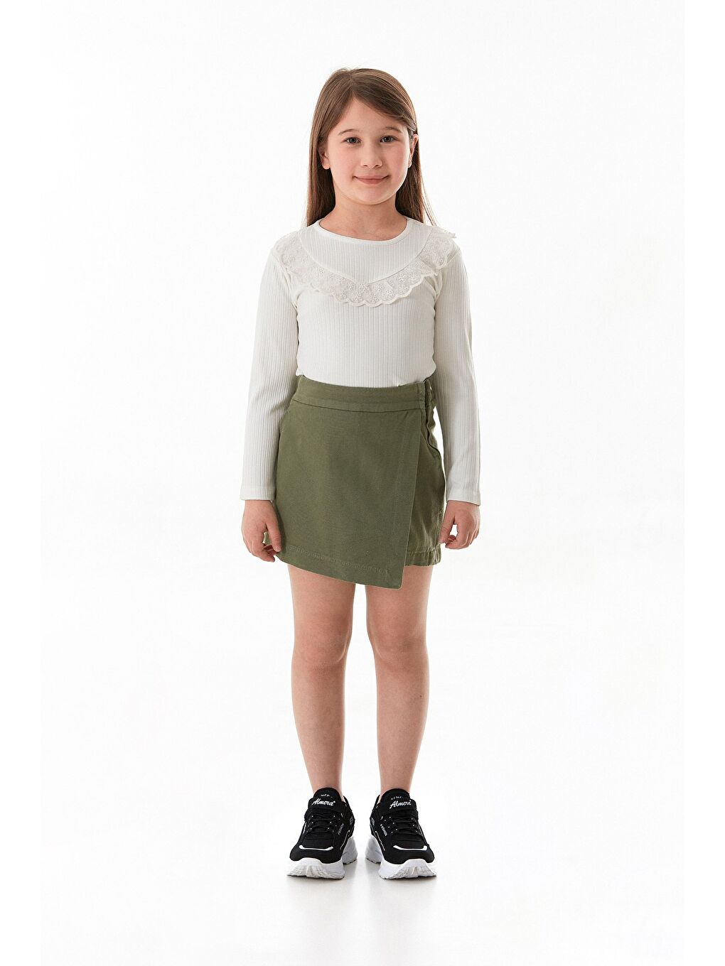 Haki Beli Lastikli Fermuarlı Kız Çocuk Şort Etek