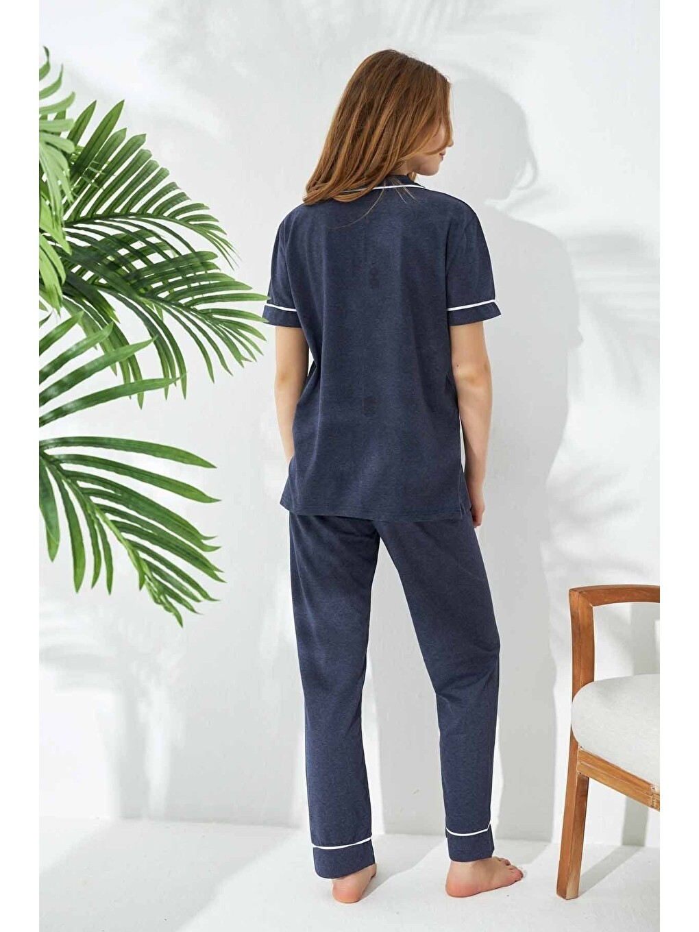 İndigo Kadın Kısa Kollu Pamuklu Düğmeli Biyeli Pijama Takım-3