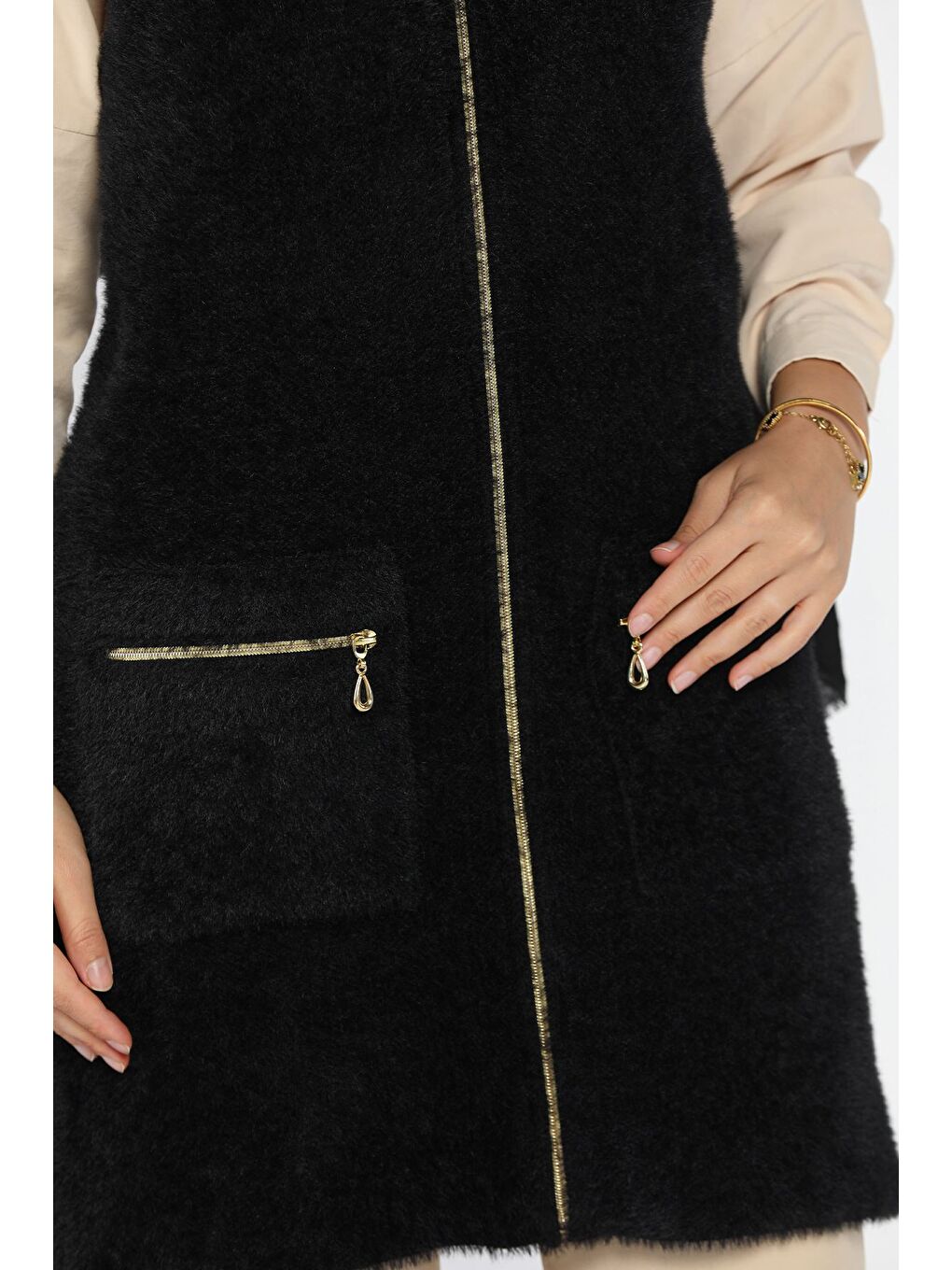Siyah Kolsuz Fermuarlı Yumoş Tesettür Triko Yelek (s,m,l,xl Uyumludur)-7