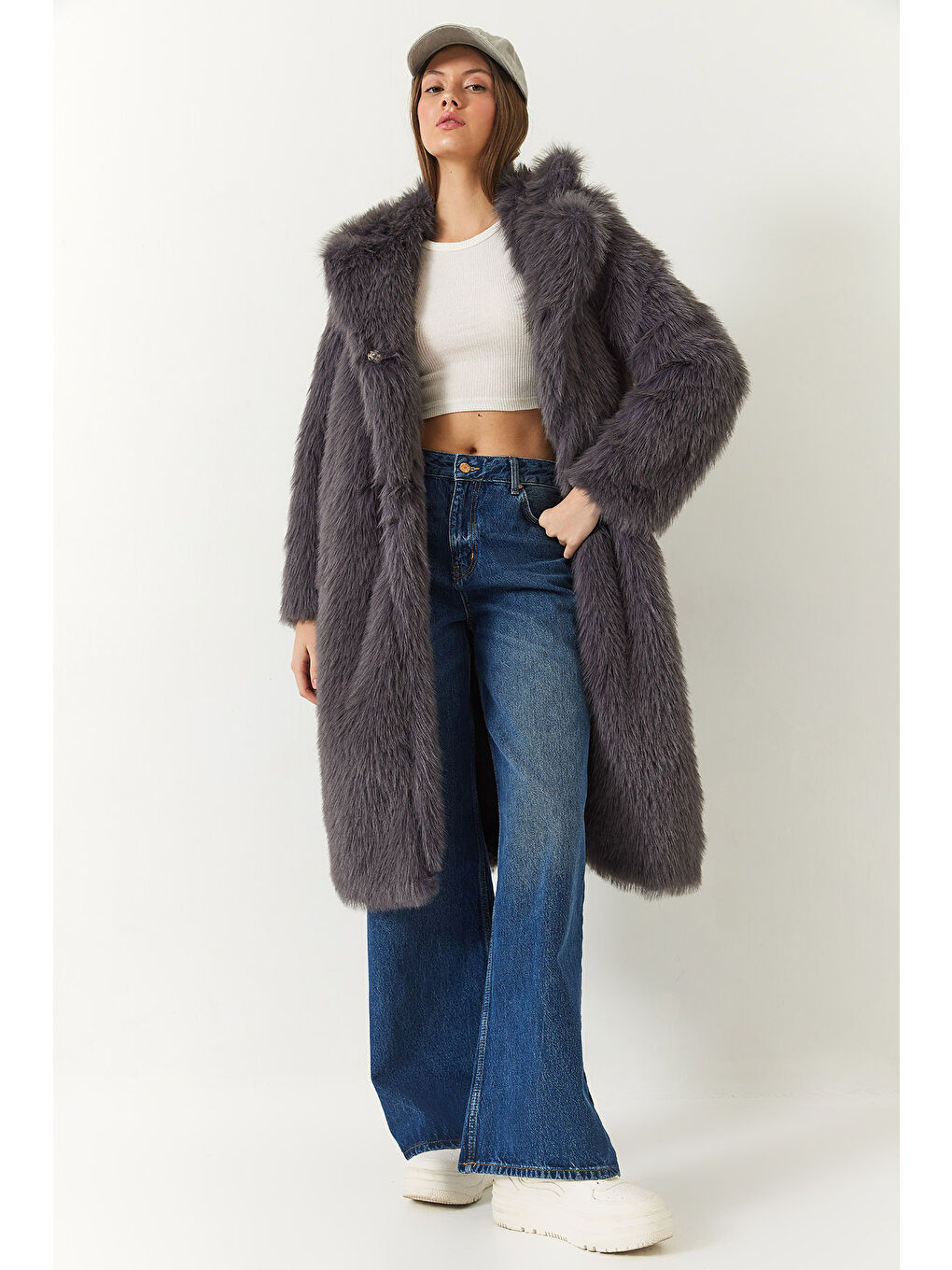 Antrasit Kadın Uzun Kürklü Astarlı Mont-2