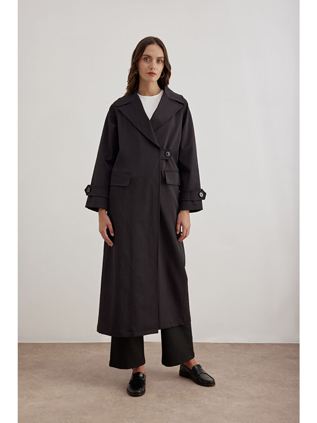 Siyah 7177111 Tek Düğmeli Pardösü-1