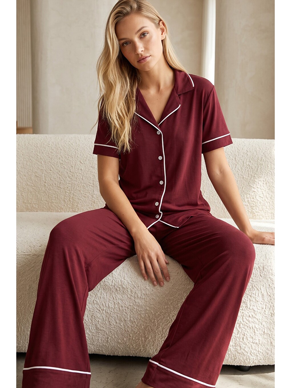 Mürdüm Kadın Kısa Kollu Pamuklu Düğmeli Biyeli Pijama Takım