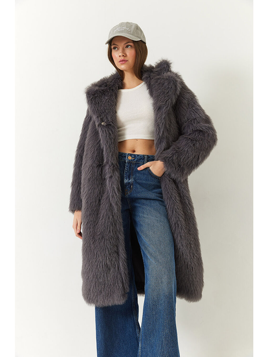 Antrasit Kadın Uzun Kürklü Astarlı Mont-3