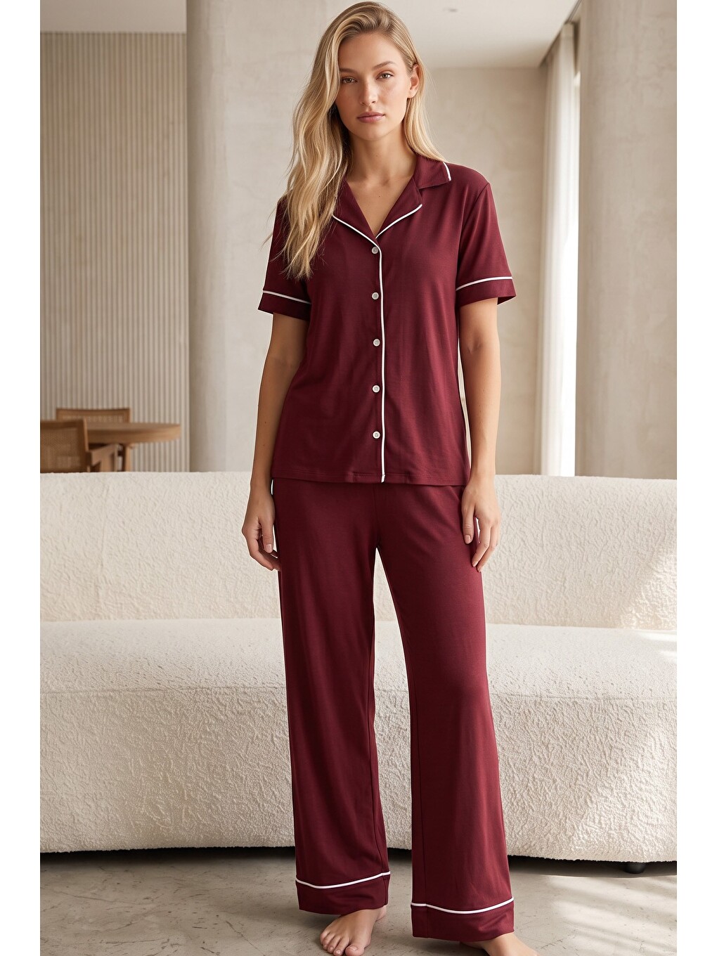 Mürdüm Kadın Kısa Kollu Pamuklu Düğmeli Biyeli Pijama Takım-1