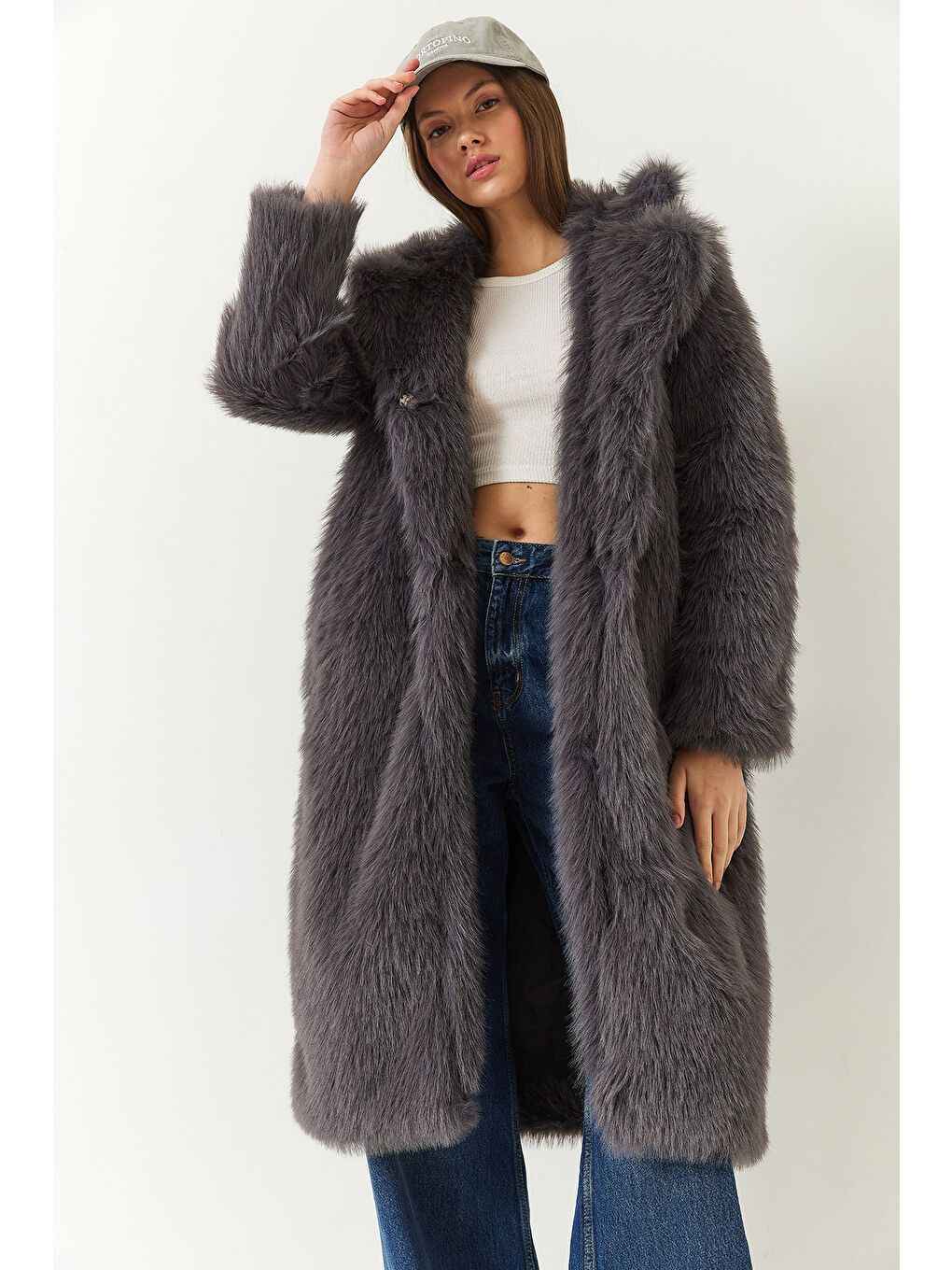 Antrasit Kadın Uzun Kürklü Astarlı Mont-4