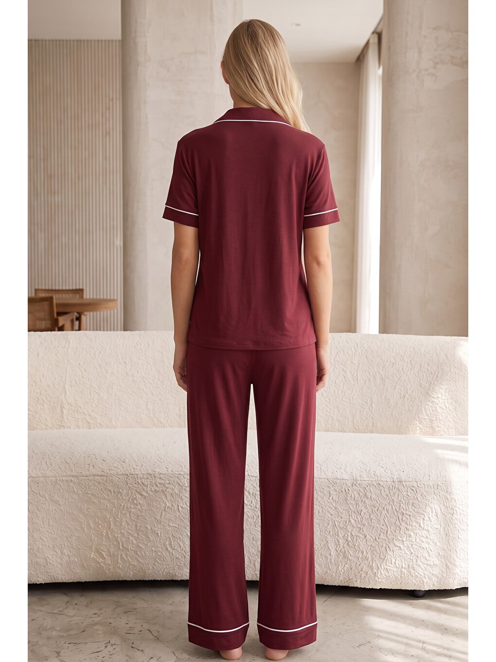 Mürdüm Kadın Kısa Kollu Pamuklu Düğmeli Biyeli Pijama Takım-2