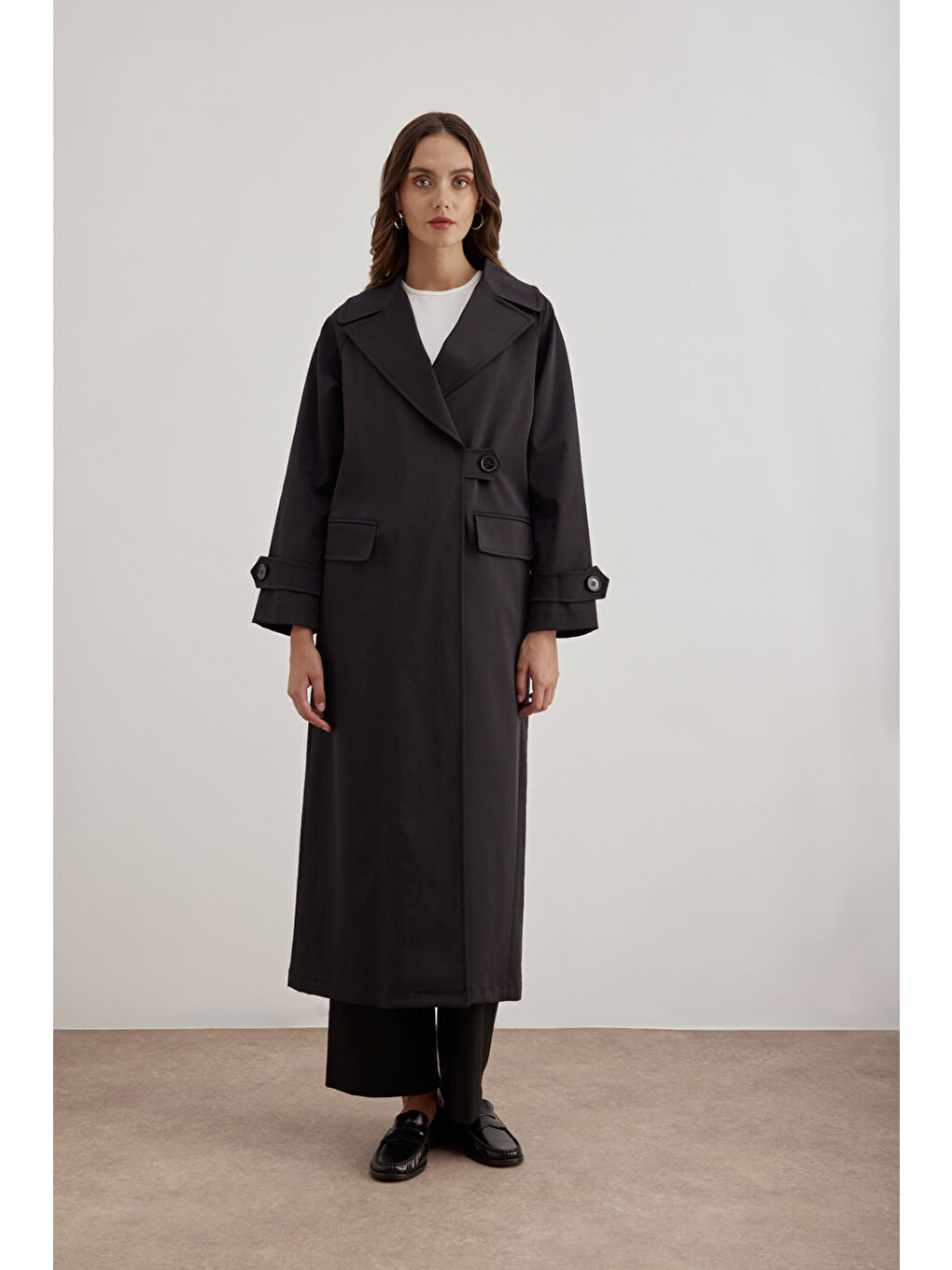 Siyah 7177111 Tek Düğmeli Pardösü-2