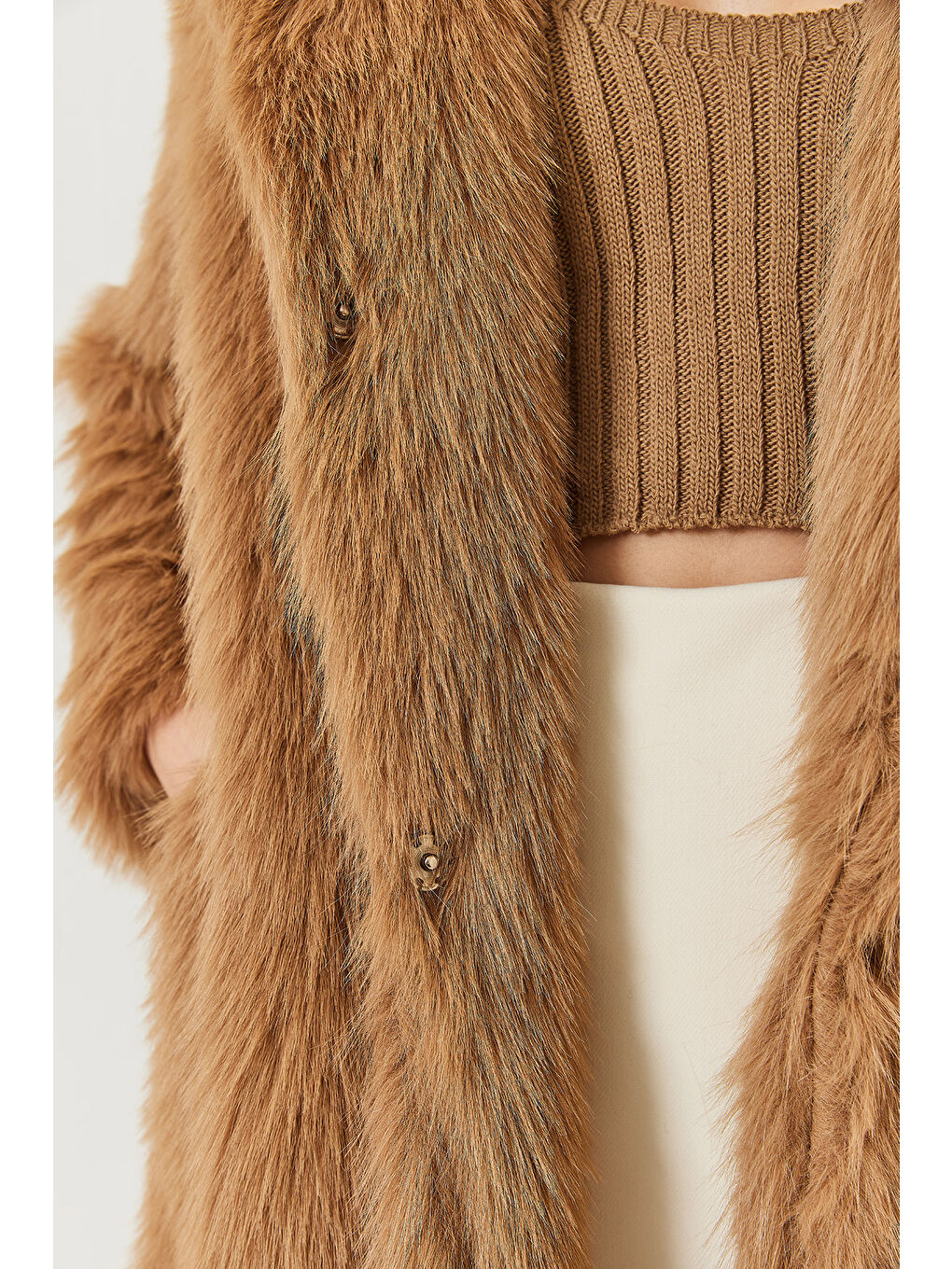 Kahverengi Kadın Uzun Kürklü Astarlı Mont-4