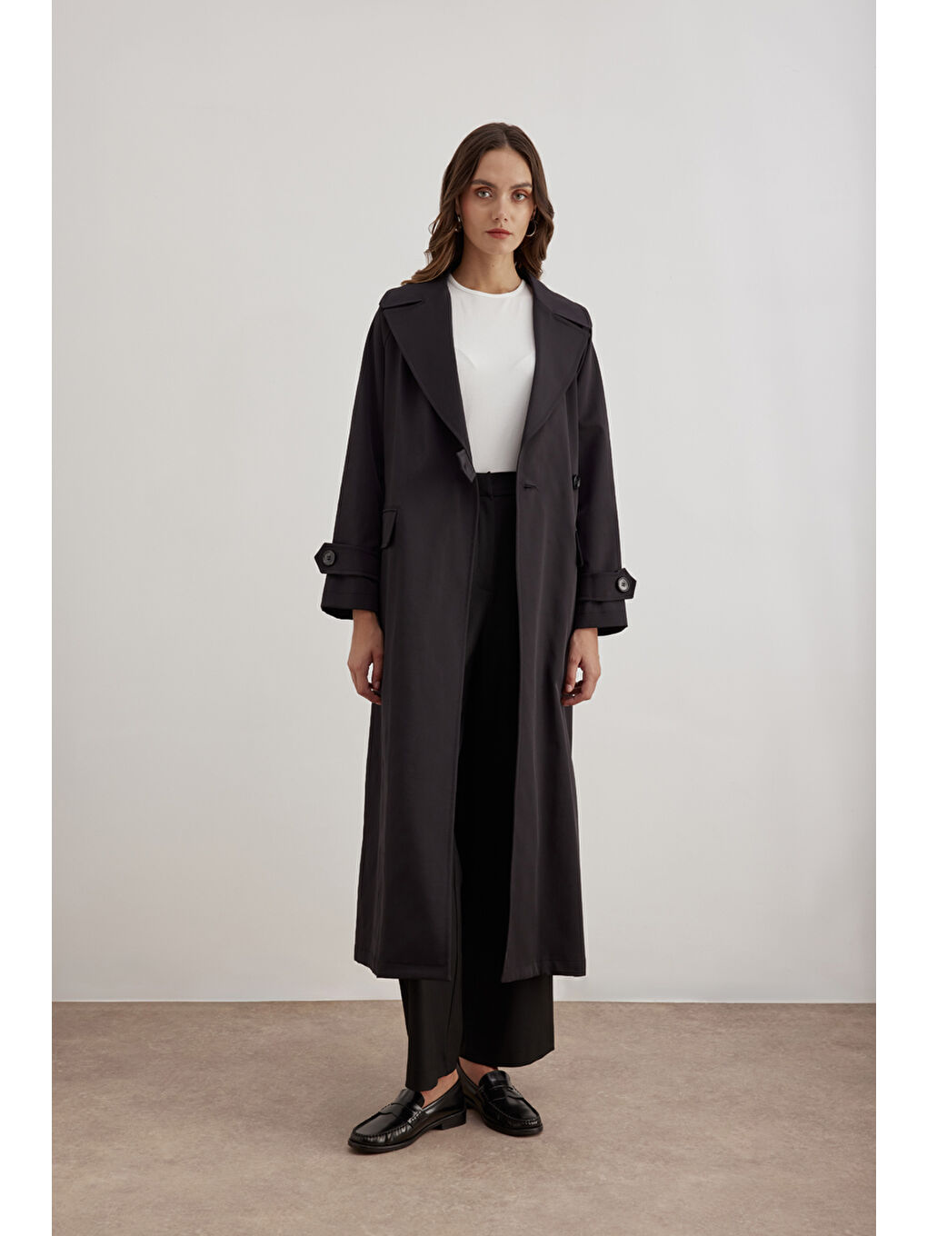 Siyah 7177111 Tek Düğmeli Pardösü-3