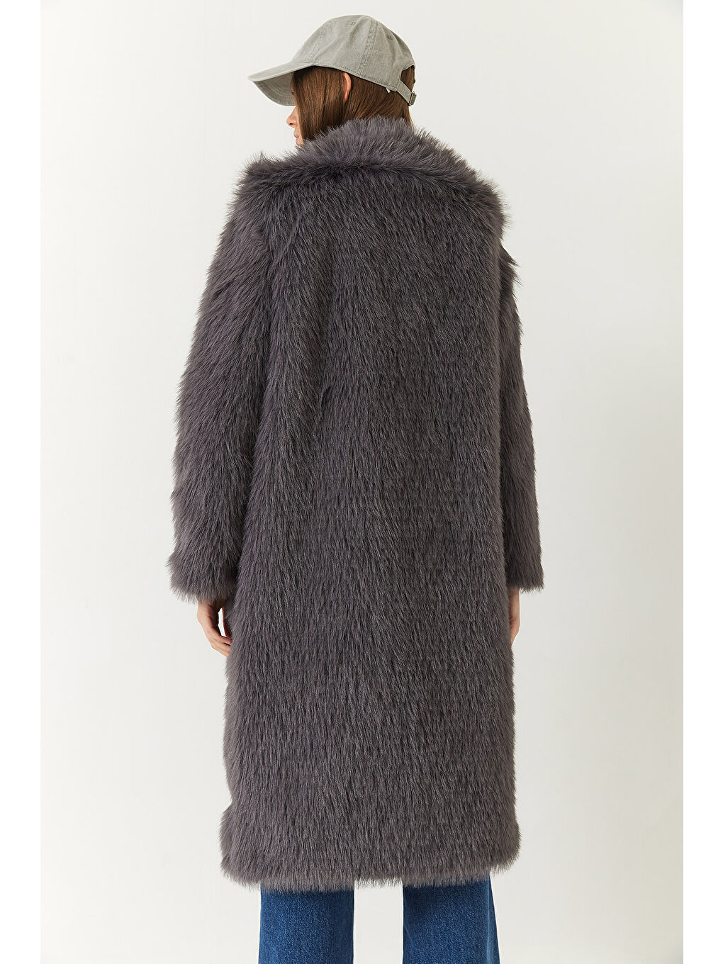 Antrasit Kadın Uzun Kürklü Astarlı Mont-6