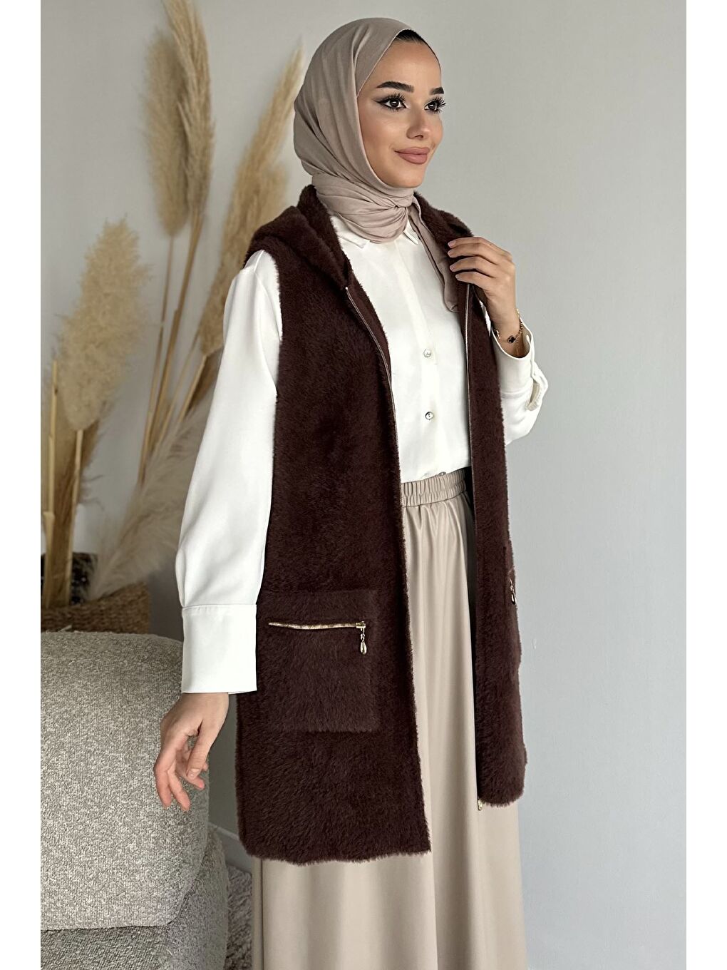 Kahverengi Kolsuz Fermuarlı Yumoş Tesettür Triko Yelek (s,m,l,xl Uyumludur)-1