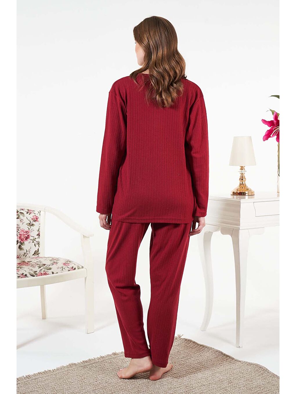 Kadın İnterlok Şardonlu Fitilli Pijama Takımı 25330 Bordo-3