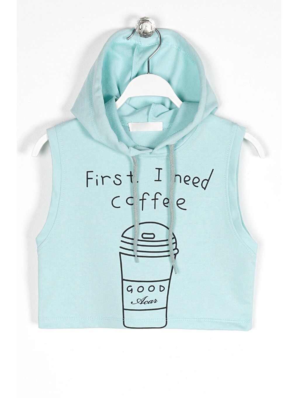 Yeşil Kapüşonlu Sıfır Kol Fırst I Need Coffee Baskılı Mint Renk Kız Çocuk Sweatshirt