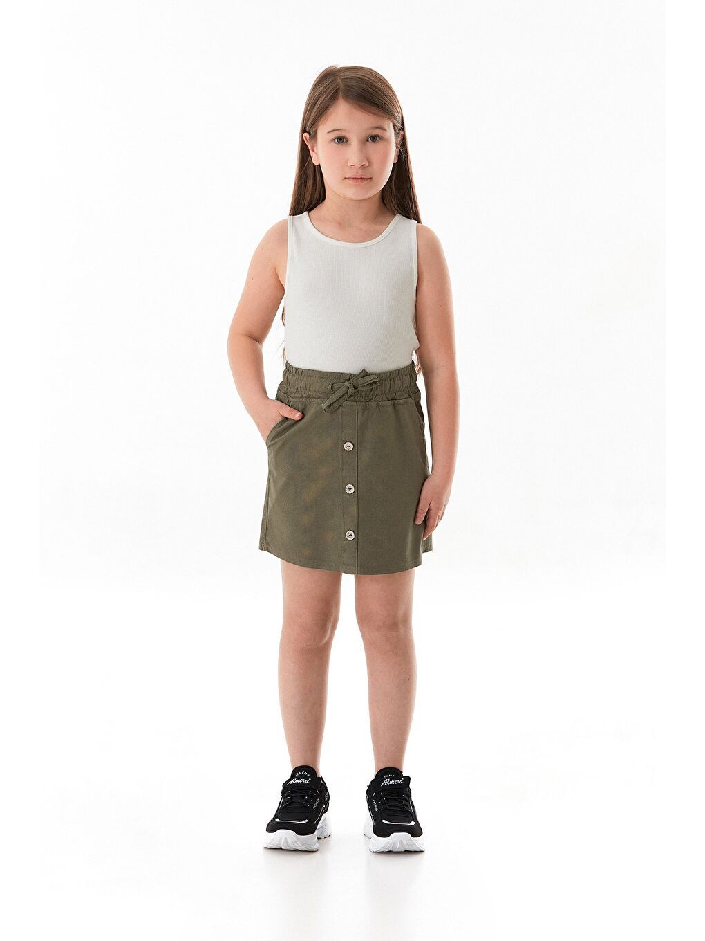 Haki Beli Bağlamalı Düğmeli Kız Çocuk Etek