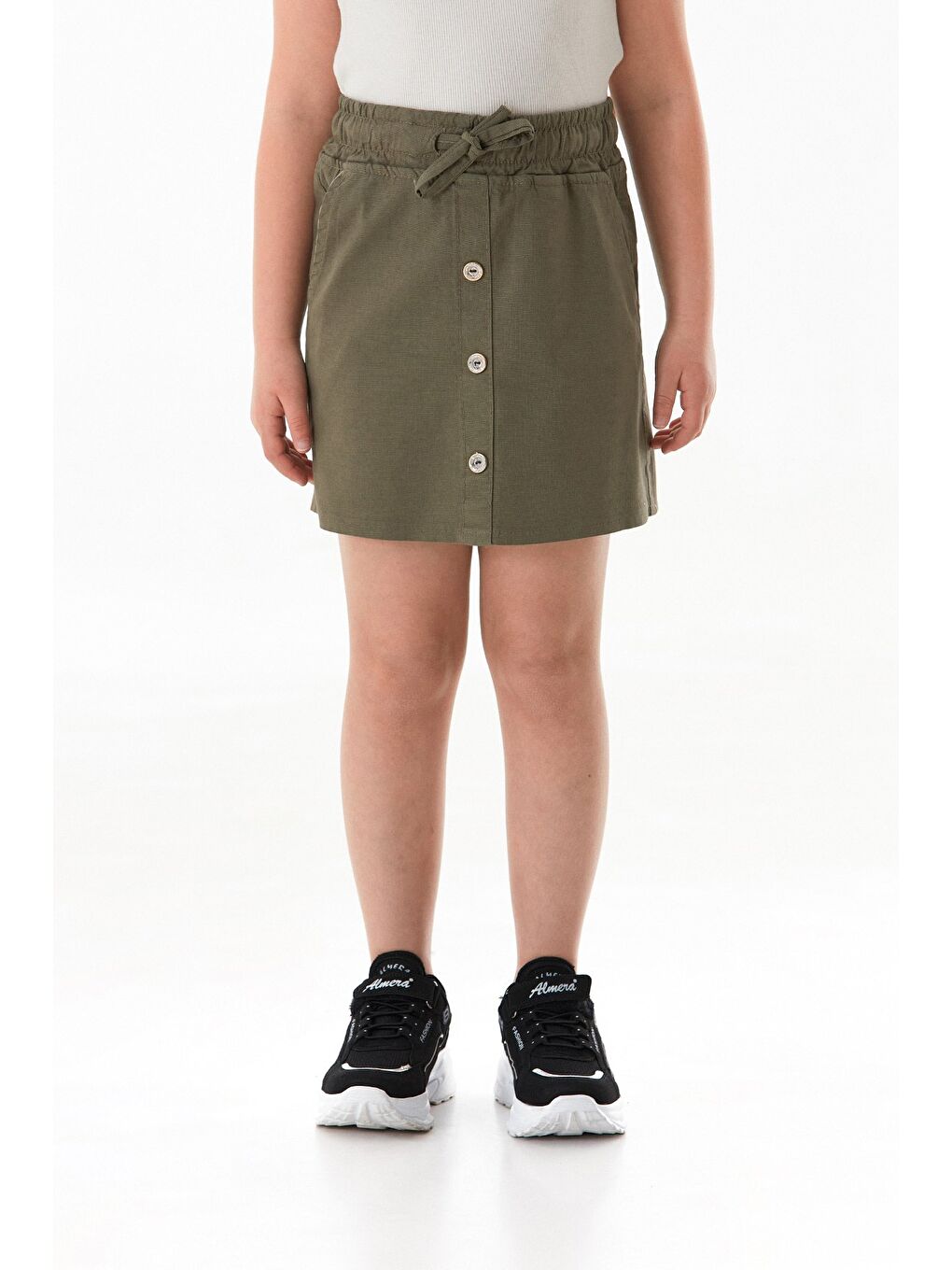 Haki Beli Bağlamalı Düğmeli Kız Çocuk Etek-1