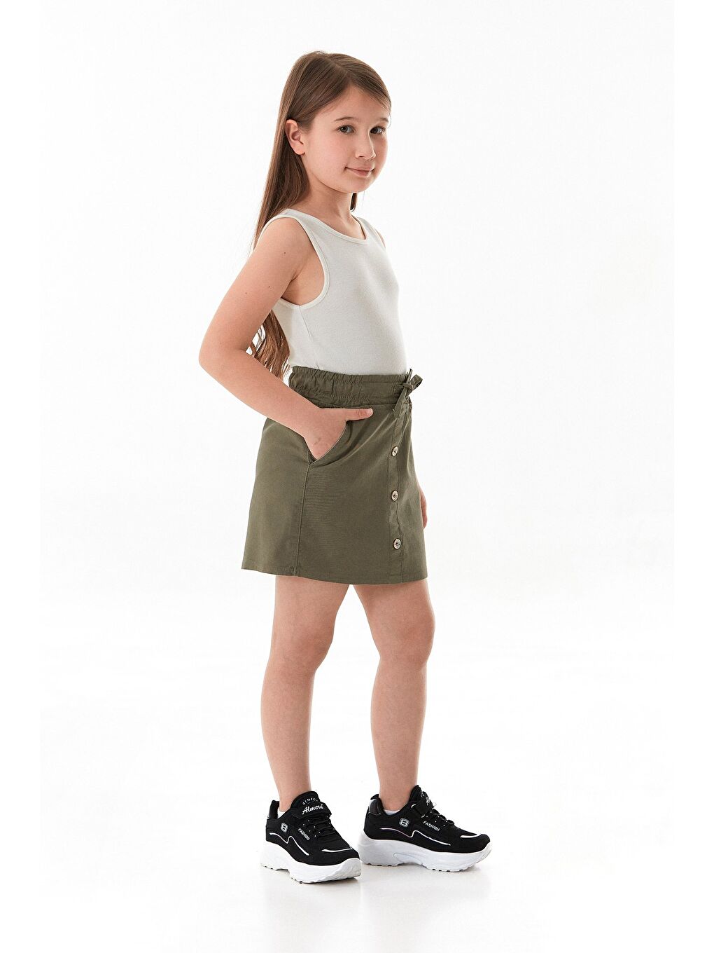 Haki Beli Bağlamalı Düğmeli Kız Çocuk Etek-2