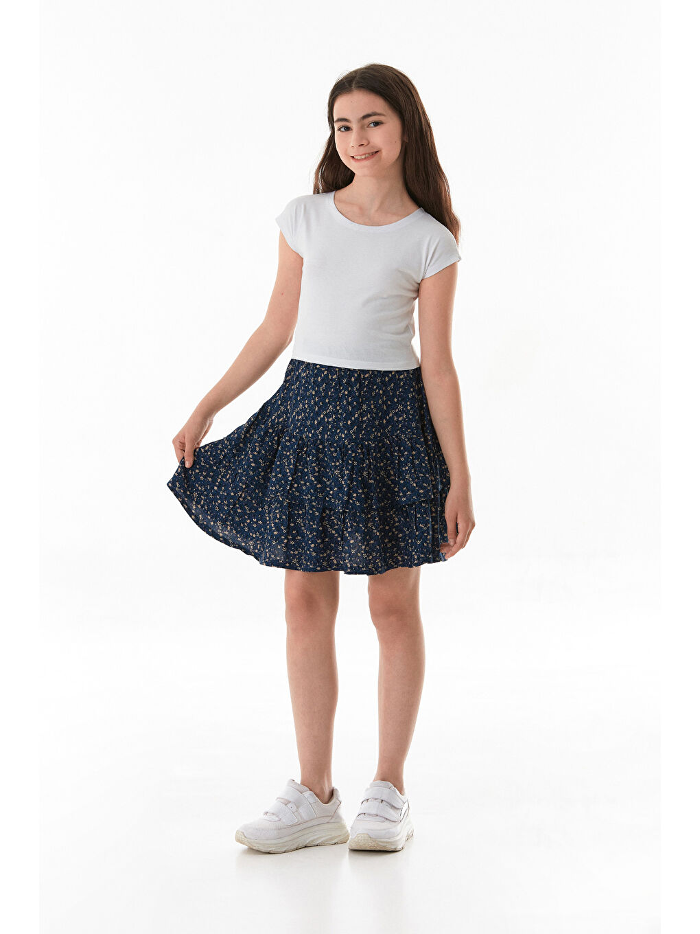İndigo Çiçek Baskılı Fırfırlı Kız Çocuk Etek