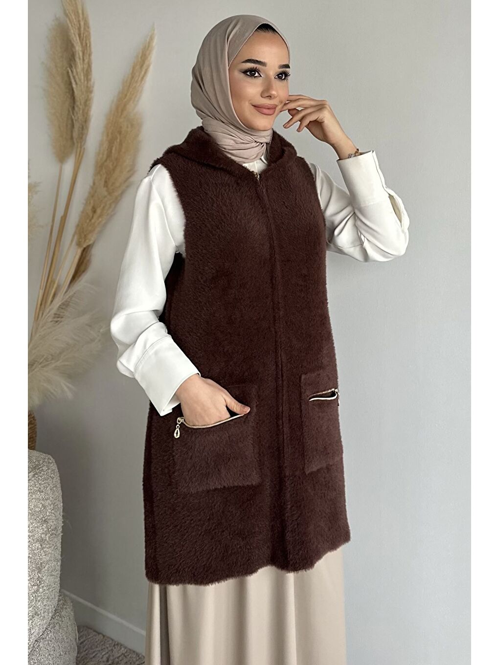 Kahverengi Kolsuz Fermuarlı Yumoş Tesettür Triko Yelek (s,m,l,xl Uyumludur)-3