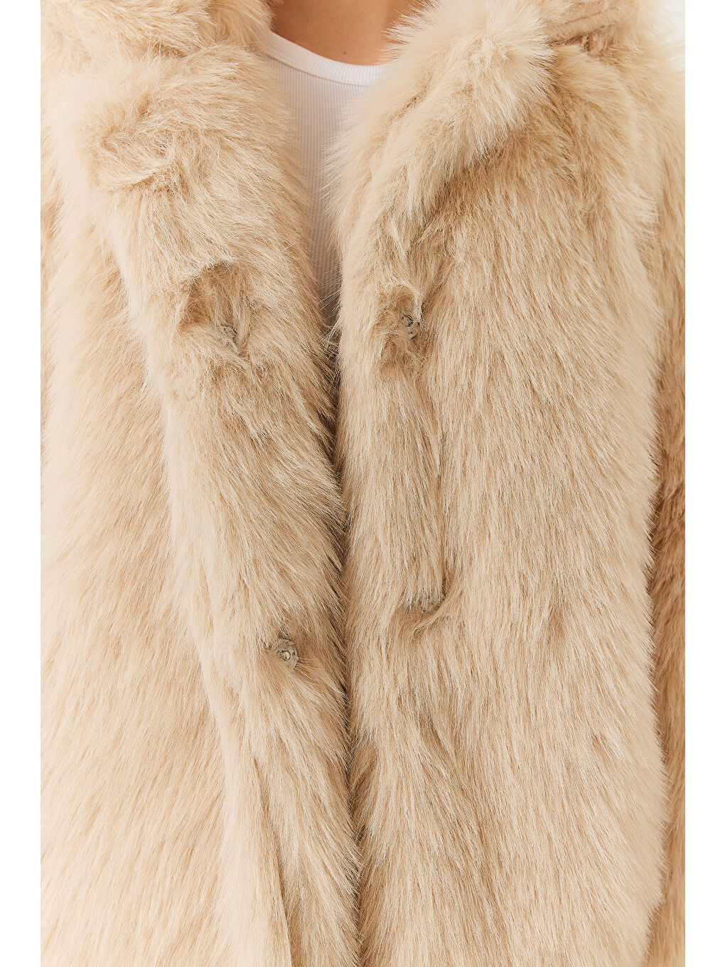 Ekru Kadın Uzun Kürklü Astarlı Mont-4