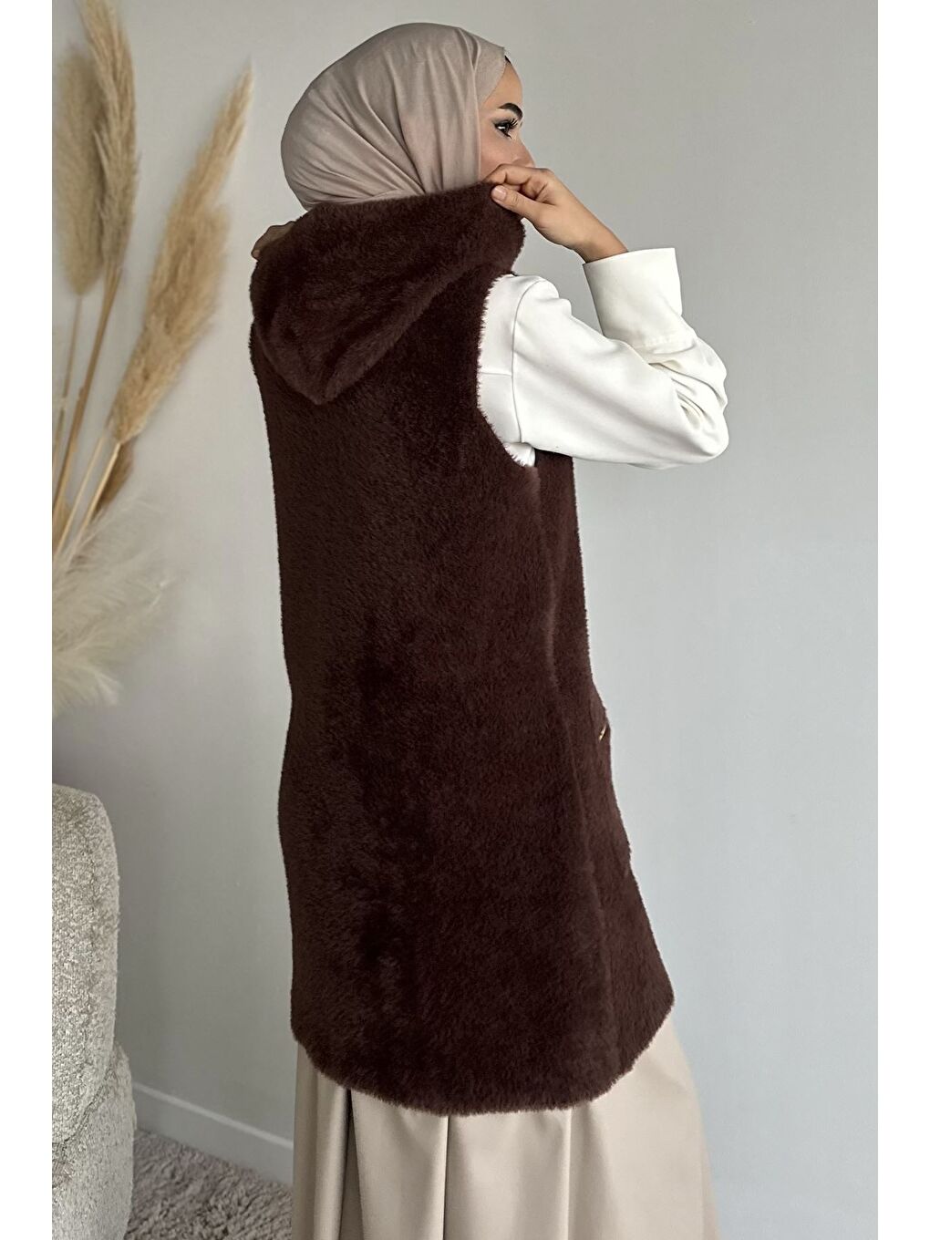 Kahverengi Kolsuz Fermuarlı Yumoş Tesettür Triko Yelek (s,m,l,xl Uyumludur)-5