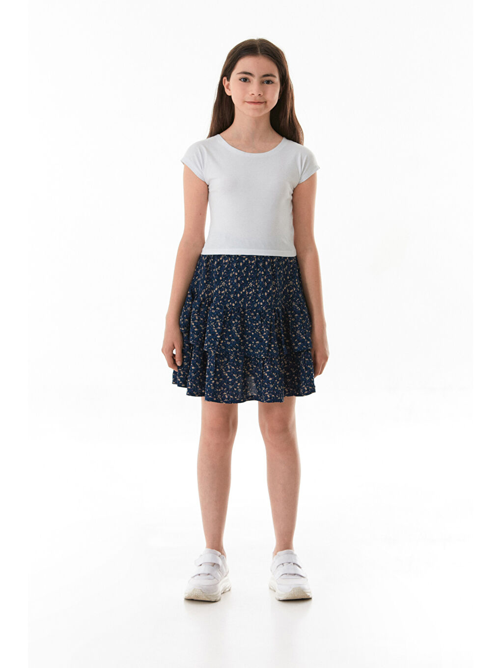 İndigo Çiçek Baskılı Fırfırlı Kız Çocuk Etek-1