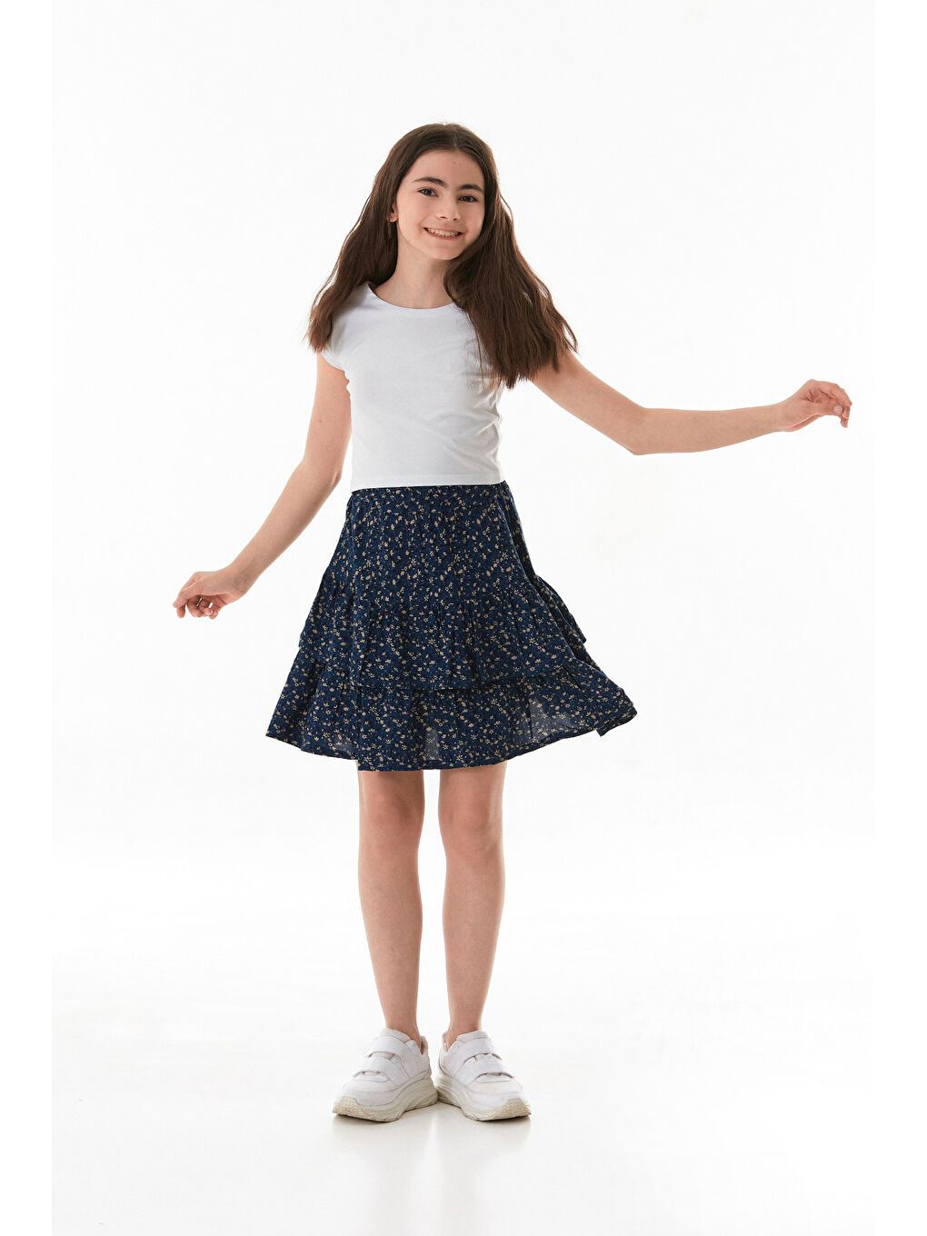 İndigo Çiçek Baskılı Fırfırlı Kız Çocuk Etek-2