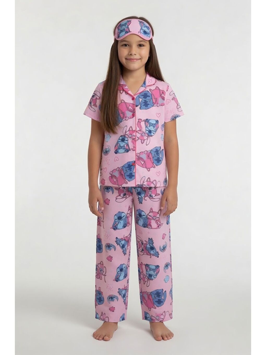 Pembe Karakter Desenli Kısa Kol Kız Çocuk Göz Bantlı Pijama Takımı 24014