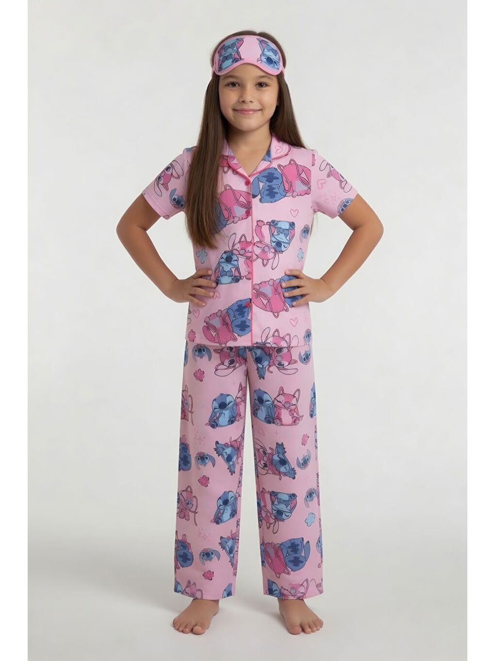 Pembe Karakter Desenli Kısa Kol Kız Çocuk Göz Bantlı Pijama Takımı 24014-1