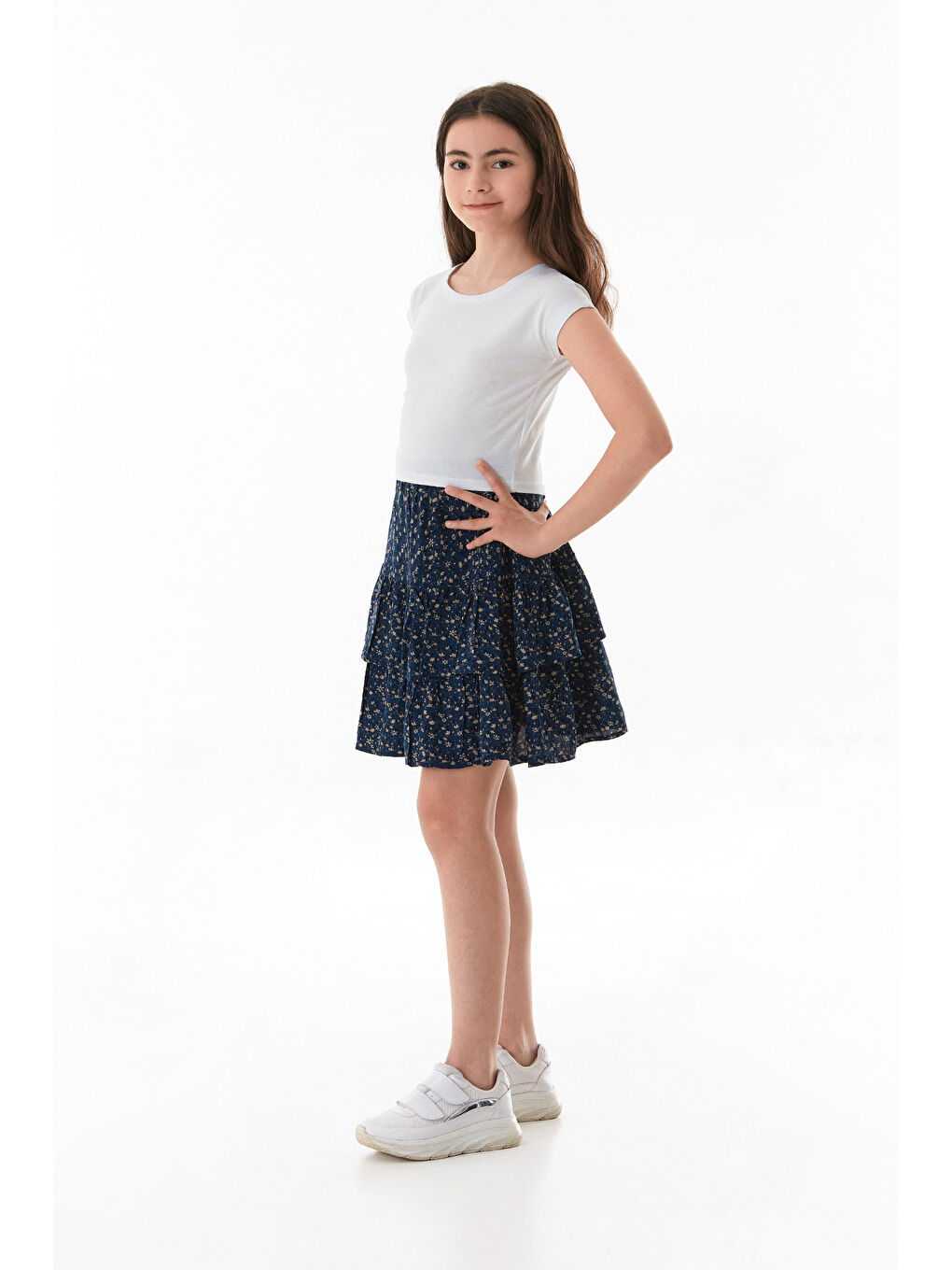 İndigo Çiçek Baskılı Fırfırlı Kız Çocuk Etek-3