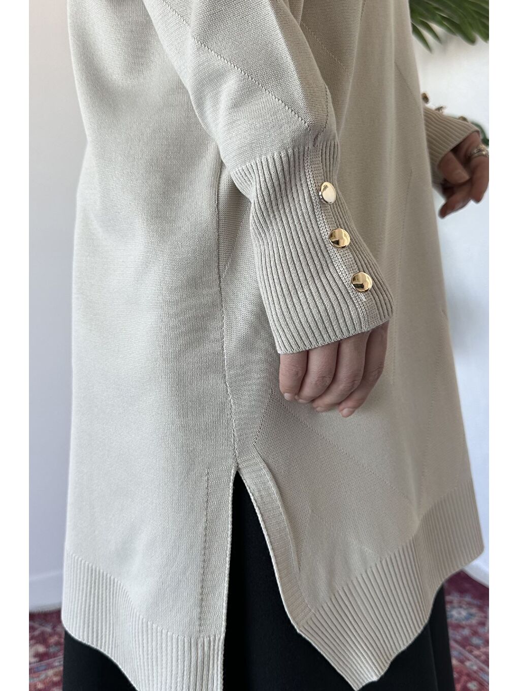 Bej Ön Düğmeli Desenli Tesettür Triko Hırka (m-l-xl Uyumludur)-6