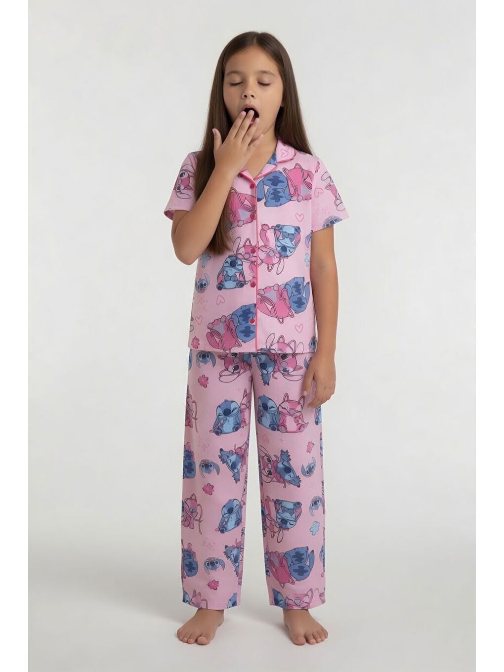 Pembe Karakter Desenli Kısa Kol Kız Çocuk Göz Bantlı Pijama Takımı 24014-2