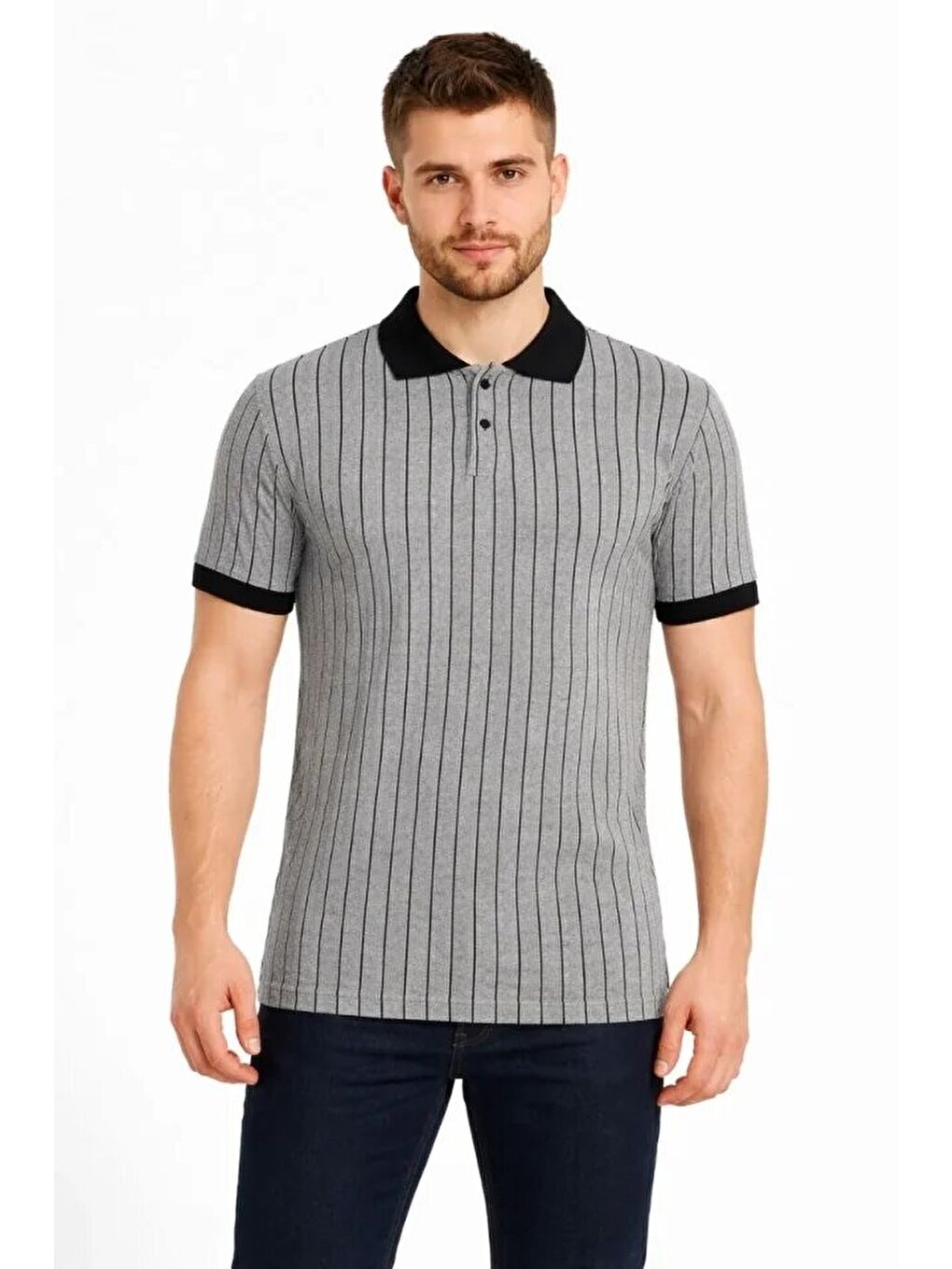 Gri Erkek Polo Yaka Çizgili Tişört-1