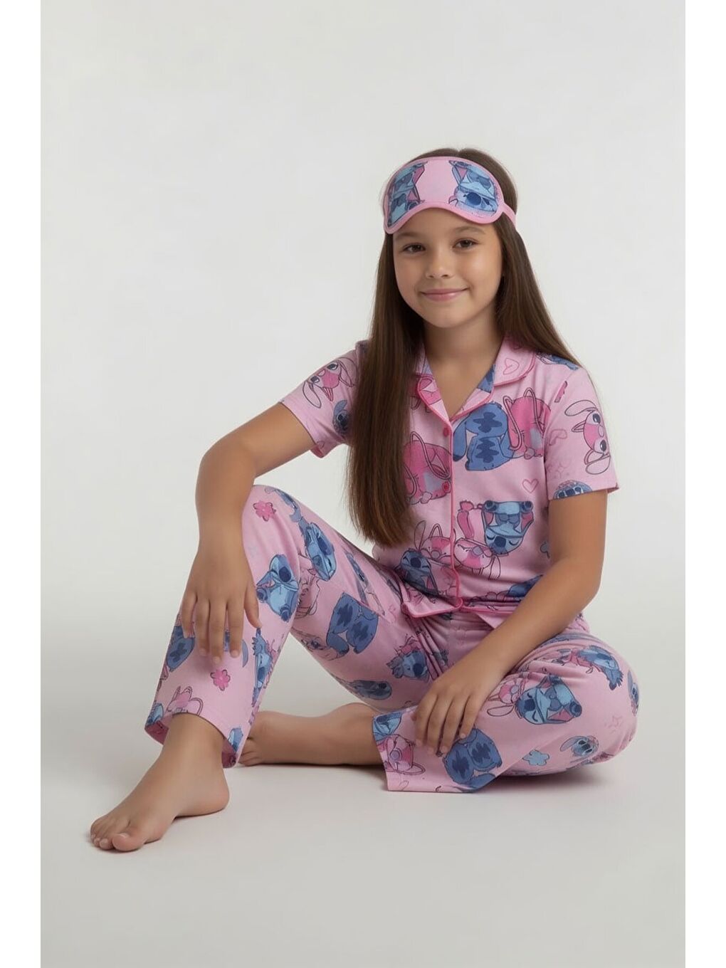 Pembe Karakter Desenli Kısa Kol Kız Çocuk Göz Bantlı Pijama Takımı 24014-3