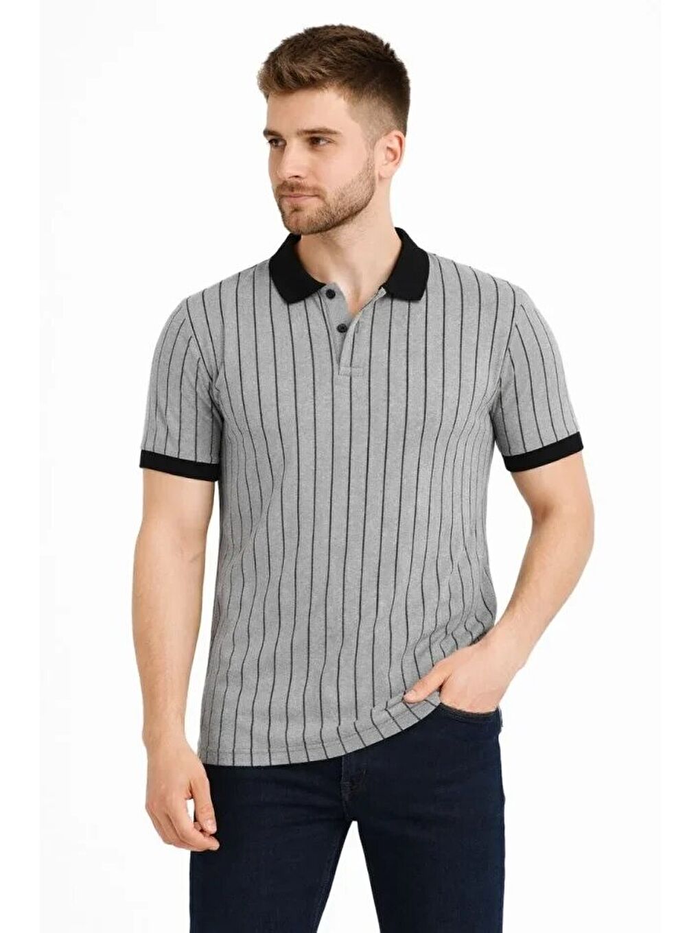 Gri Erkek Polo Yaka Çizgili Tişört-2