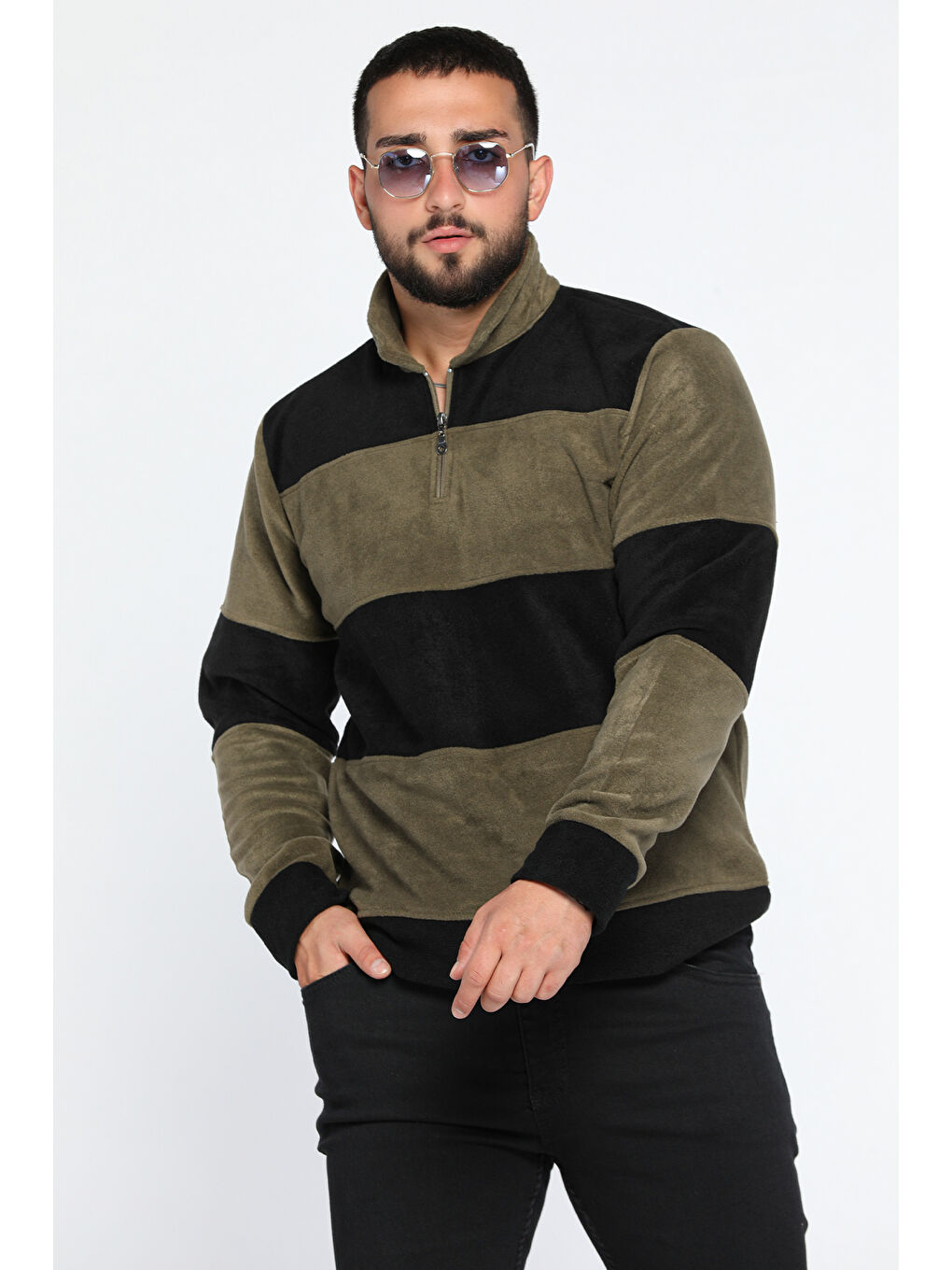 Mishar İtalia Haki Polo Yaka Yarım Fermuarlı Polar Erkek Sweatshirt