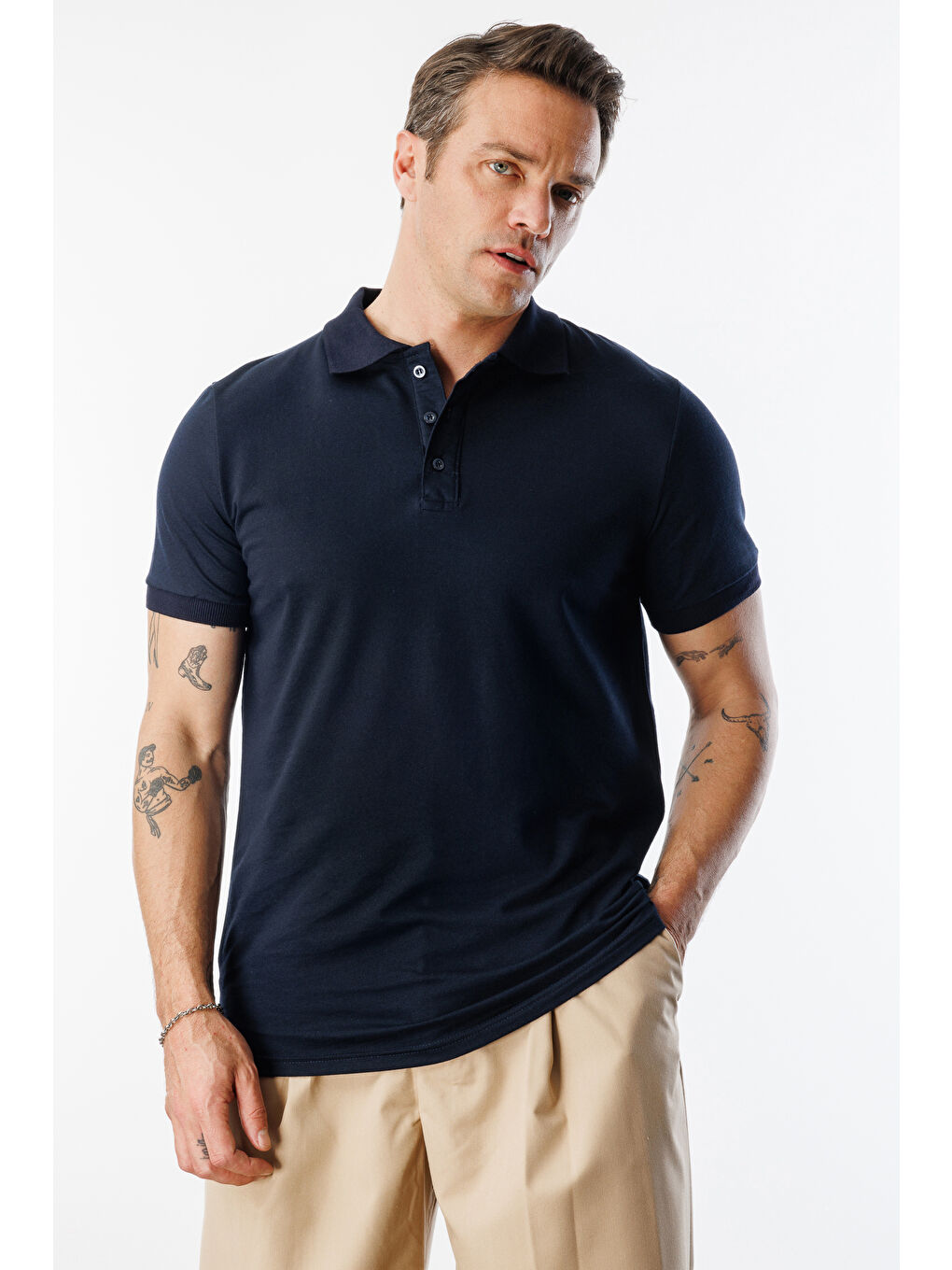 Lacivert Erkek Çekmeyen Pamuklu Kumaş Regular Fit Standart Kesim Polo Yaka Tişört POLOYAKA-T-SHIRT1-1