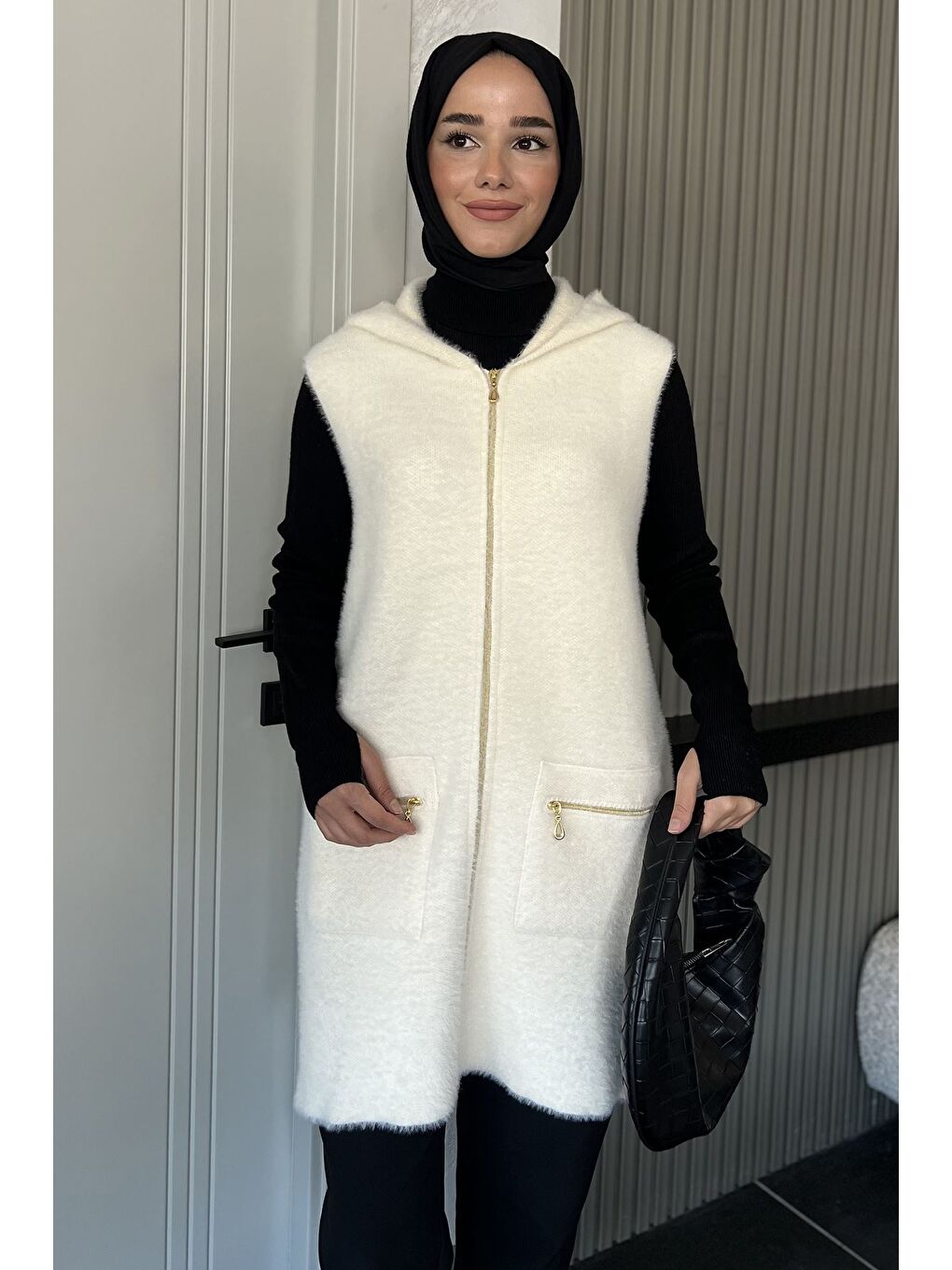 Ekru Kolsuz Fermuarlı Yumoş Tesettür Triko Yelek (s,m,l,xl Uyumludur)-2