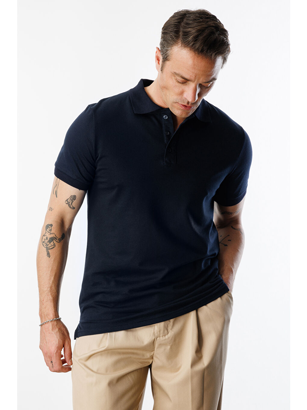 Lacivert Erkek Çekmeyen Pamuklu Kumaş Regular Fit Standart Kesim Polo Yaka Tişört POLOYAKA-T-SHIRT1-3