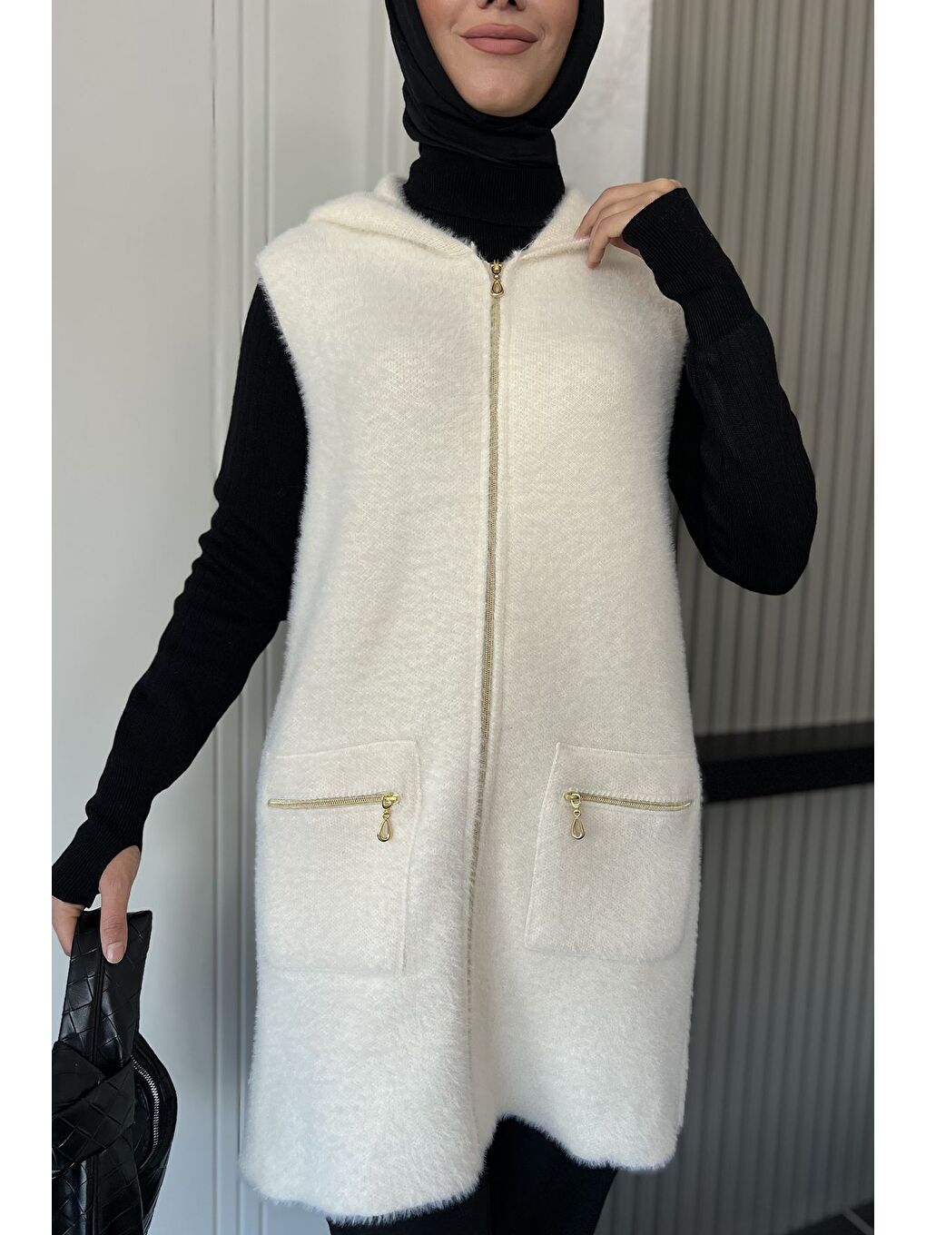Ekru Kolsuz Fermuarlı Yumoş Tesettür Triko Yelek (s,m,l,xl Uyumludur)-5
