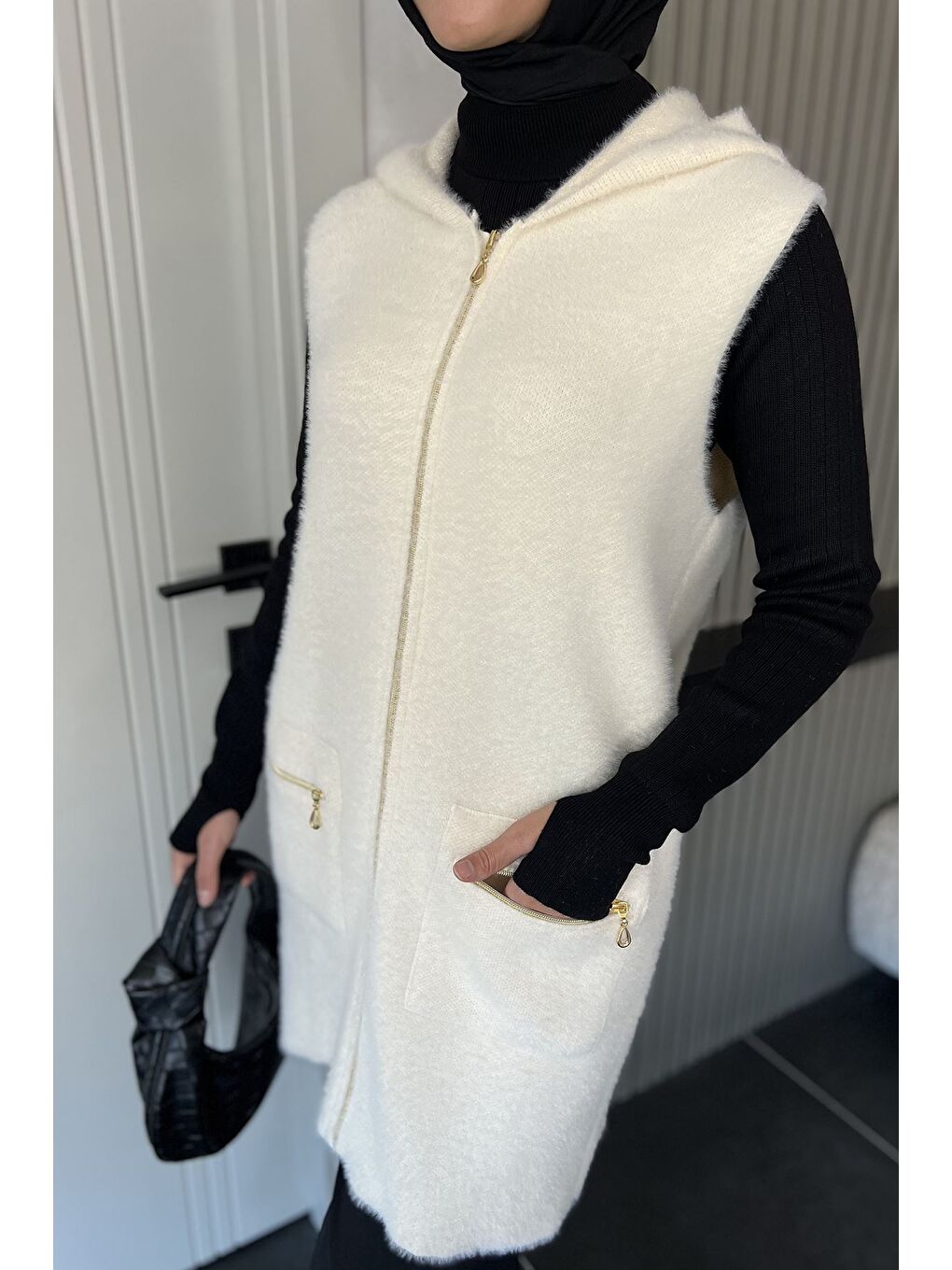 Ekru Kolsuz Fermuarlı Yumoş Tesettür Triko Yelek (s,m,l,xl Uyumludur)-7