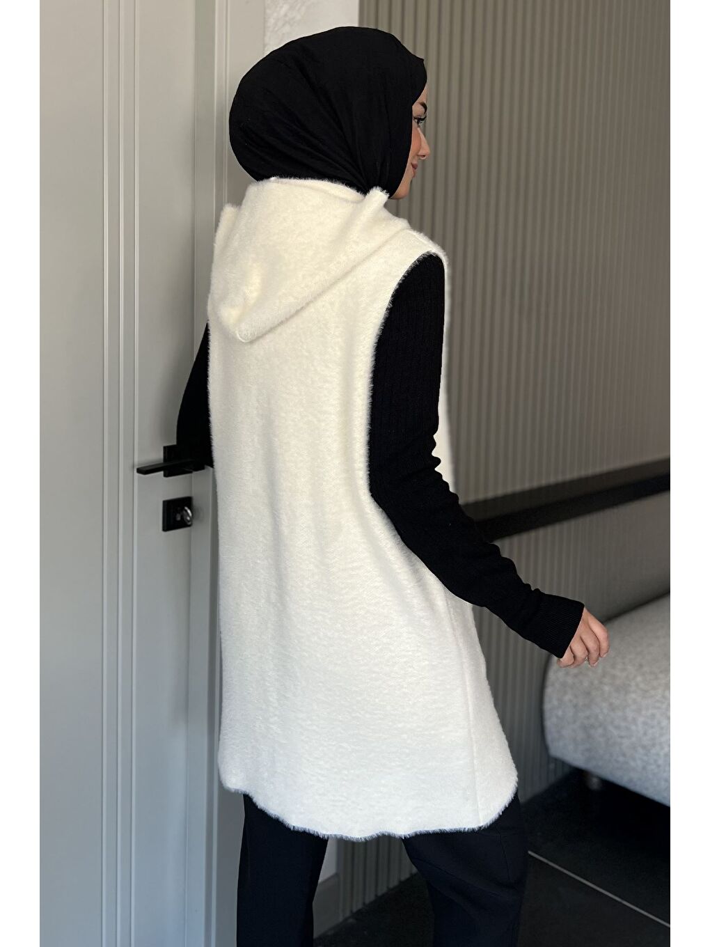 Ekru Kolsuz Fermuarlı Yumoş Tesettür Triko Yelek (s,m,l,xl Uyumludur)-8