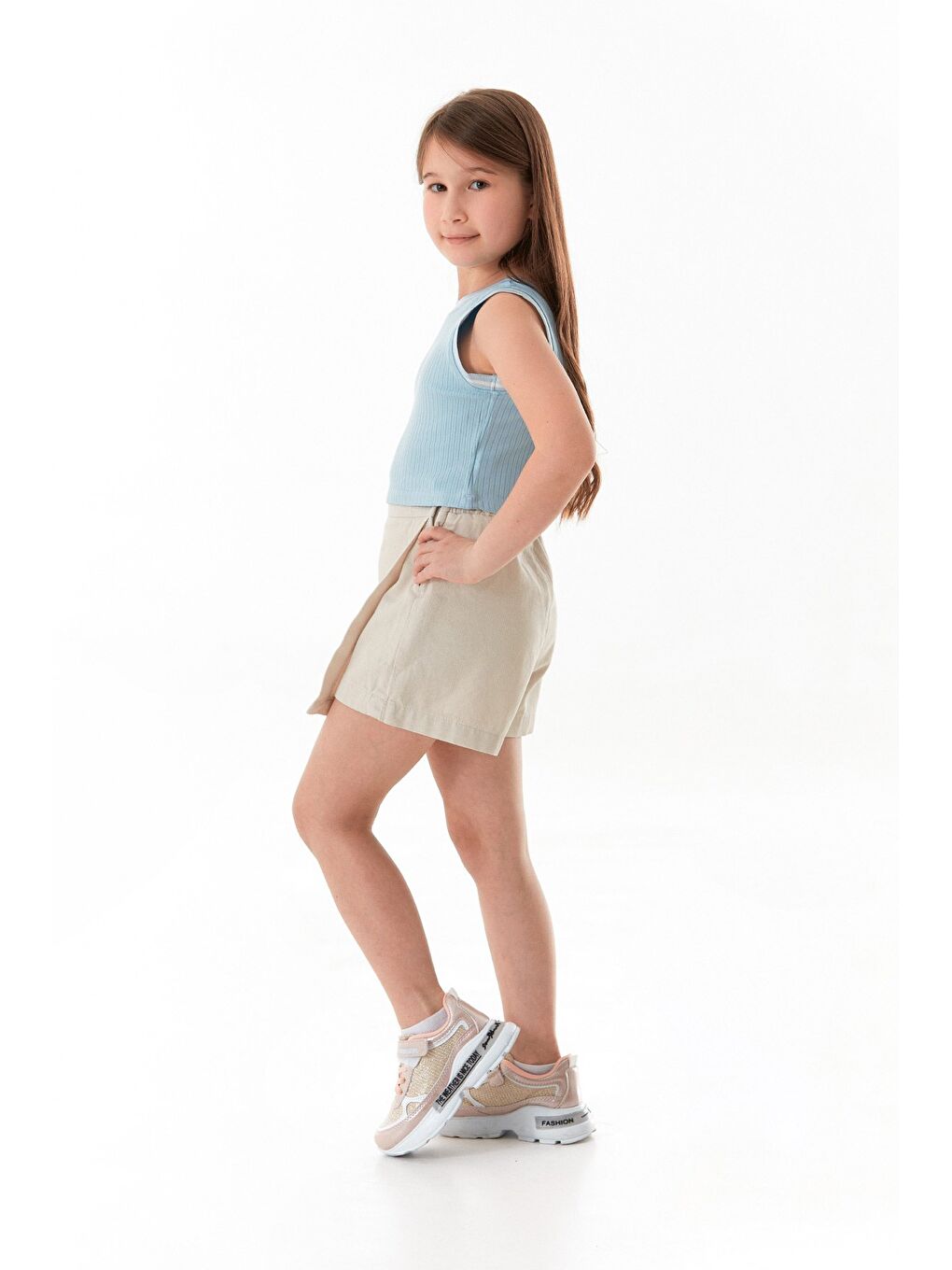 Bej Beli Lastikli Fermuarlı Kız Çocuk Şort Etek-3