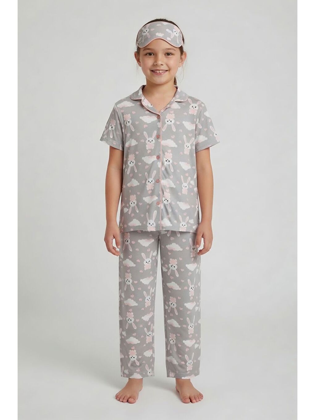 Gri Tavşan Desenli Kısa Kol Kız Çocuk Göz Bantlı Pijama Takımı 24012